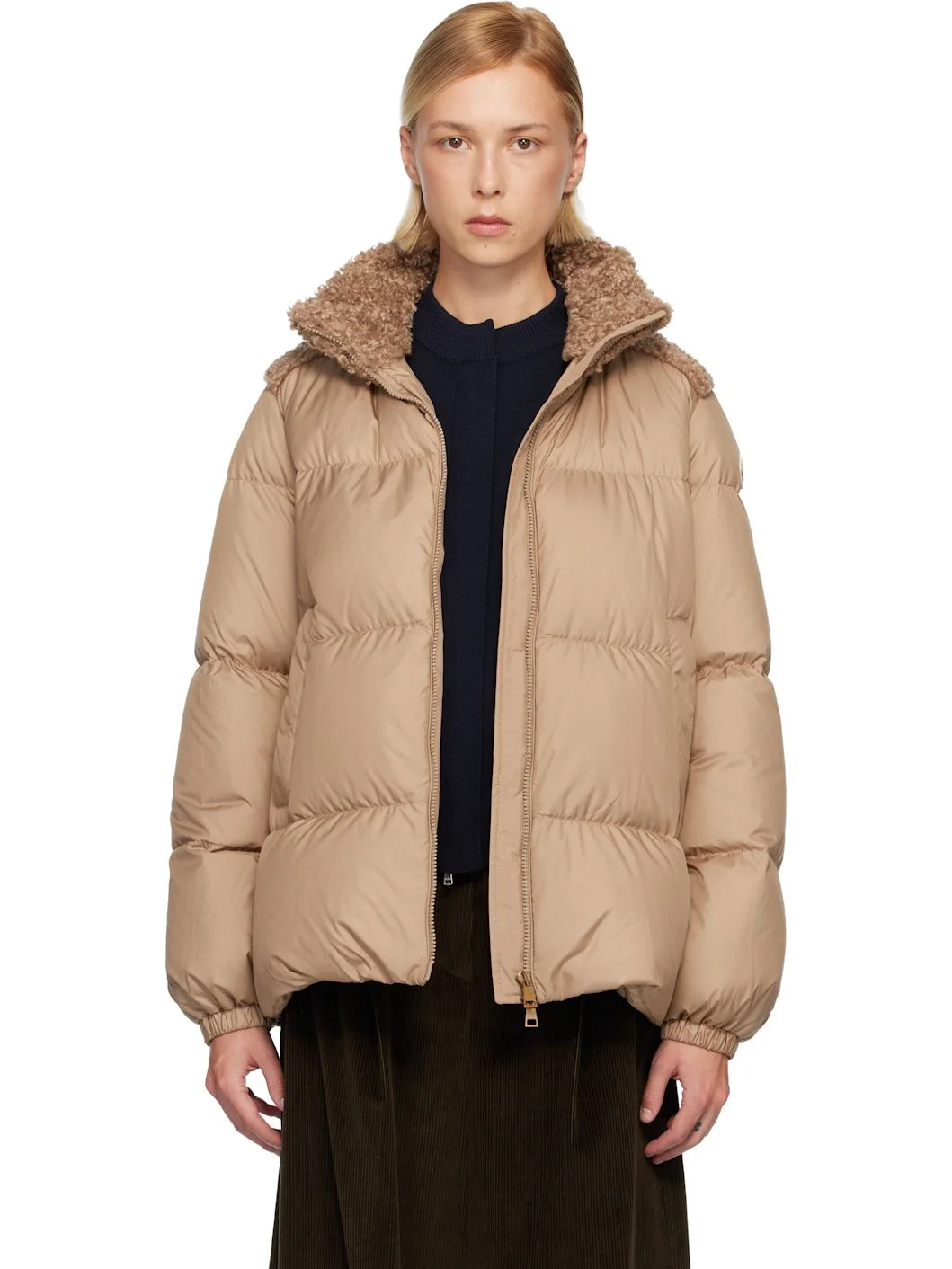 Beige Esnaie Teddy-Trimmed Short Down Jacket - 1