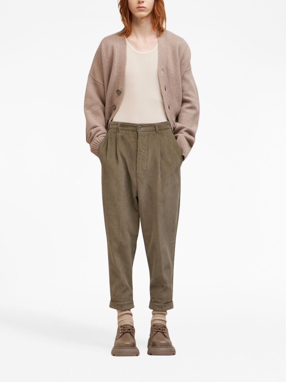 corduroy box-pleated tapered trousers - 2