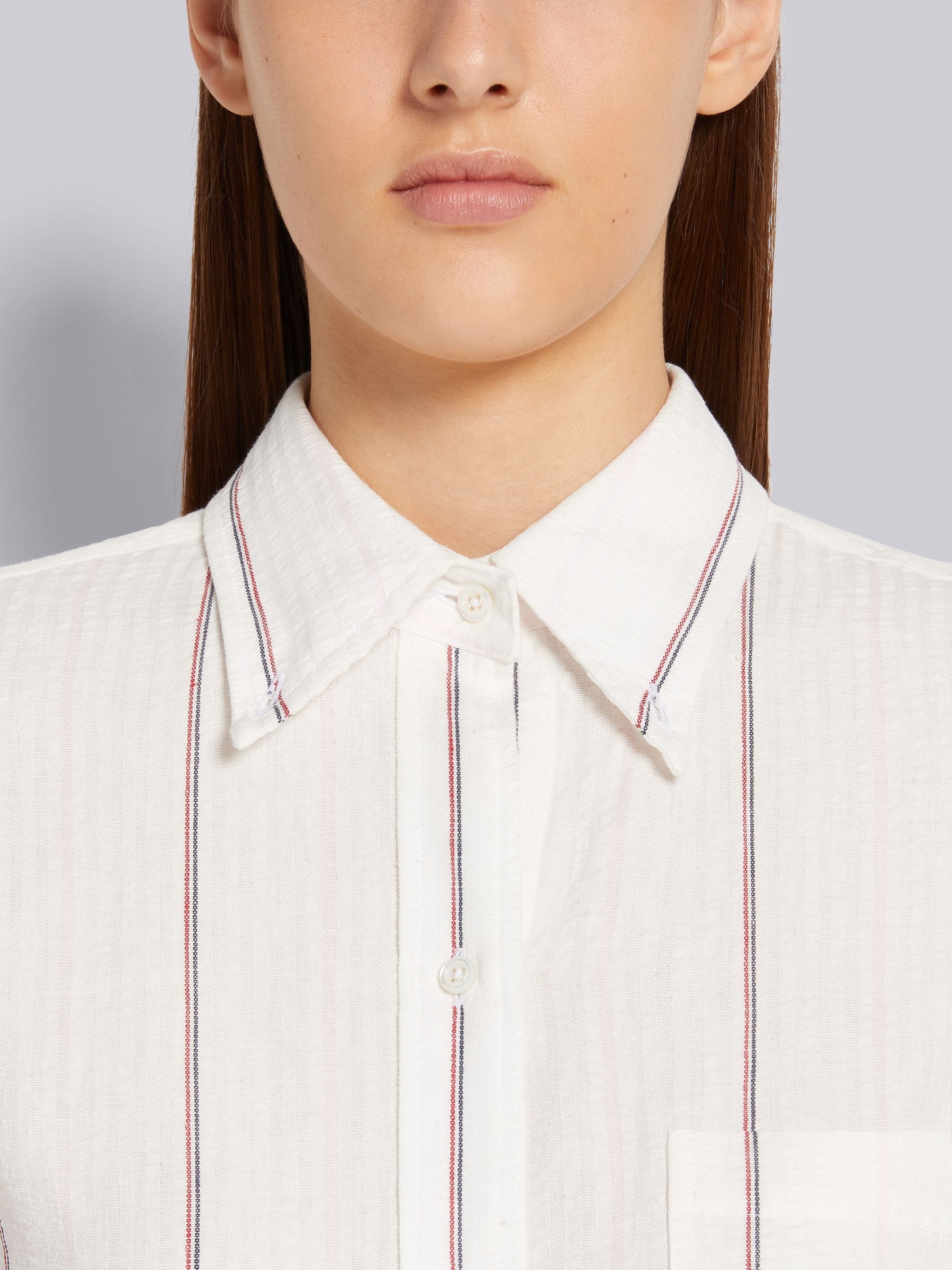 Light Pink Pinstripe Seersucker Linen Point Collar Ankle Length Shirtdress - 5