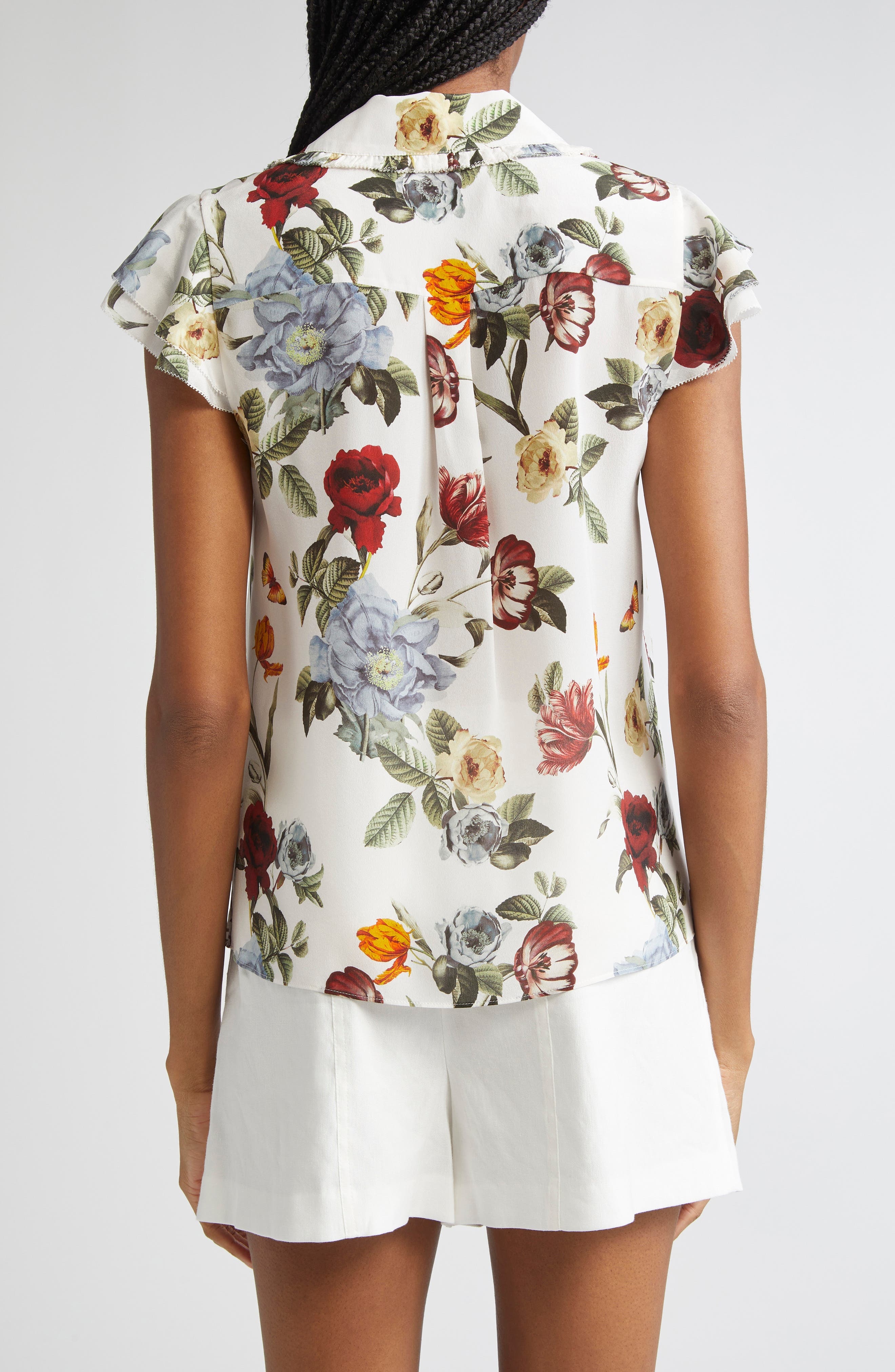 Alice + Olivia Martel Floral Flutter Sleeve Silk Button-Up Top in Provence Floral Sm at Nordstrom - 2