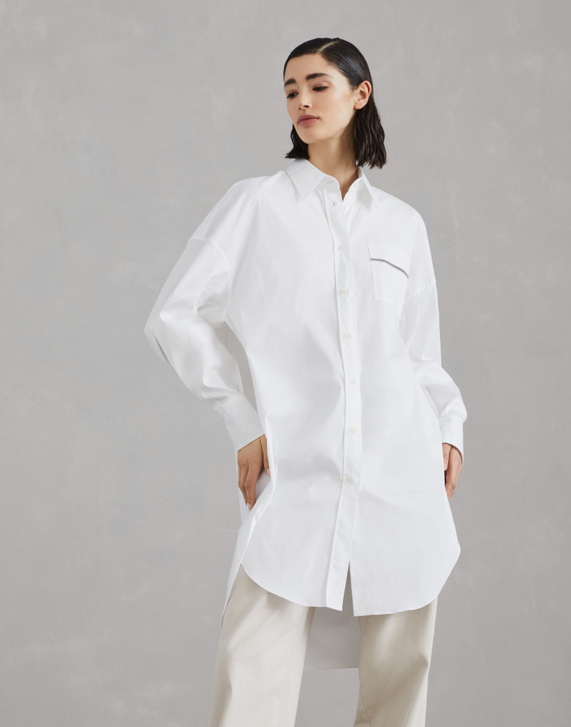 Stretch cotton poplin long shirt with shiny pocket detail 1