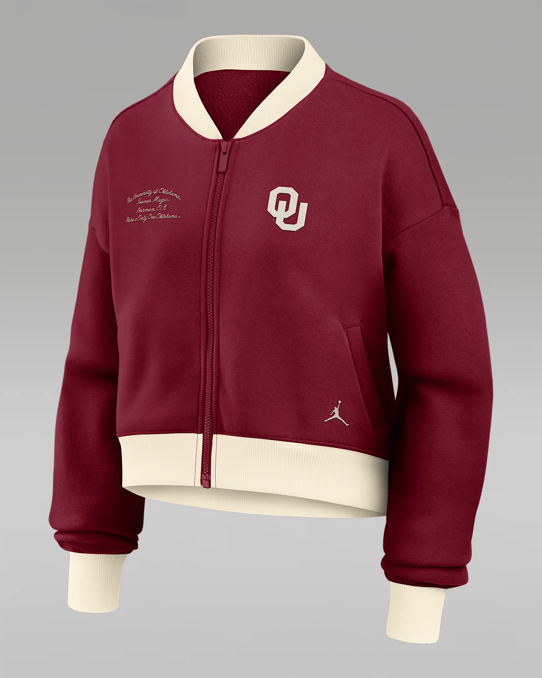 Oklahoma Academic Women's Jordan Brand College Oversized Cropped Full-Zip Bomber Jacket - 1