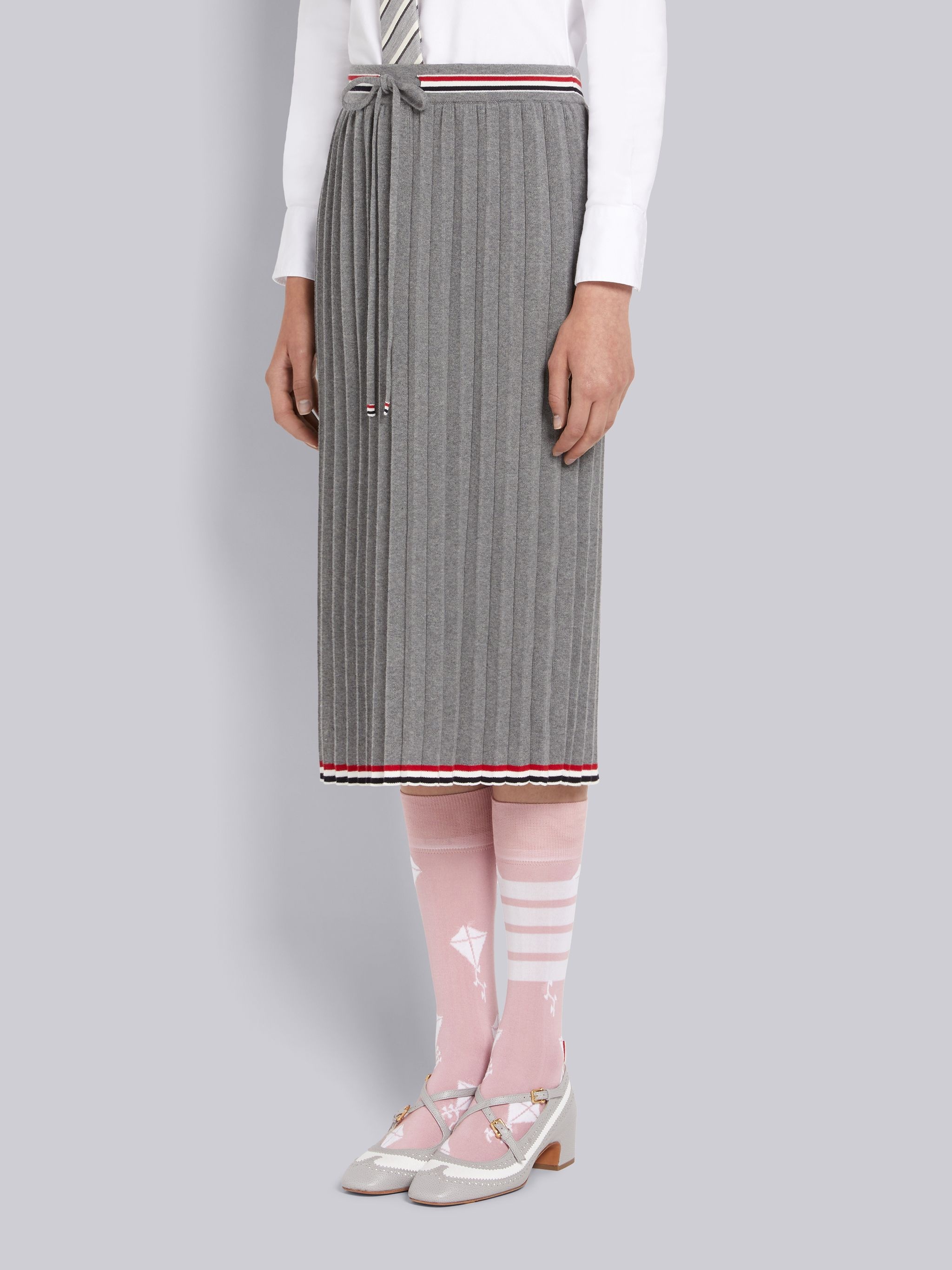 Light Grey Cable Texture Overtwisted Cotton Stripe Framing Accordion Pleat Knee Length Skirt - 2