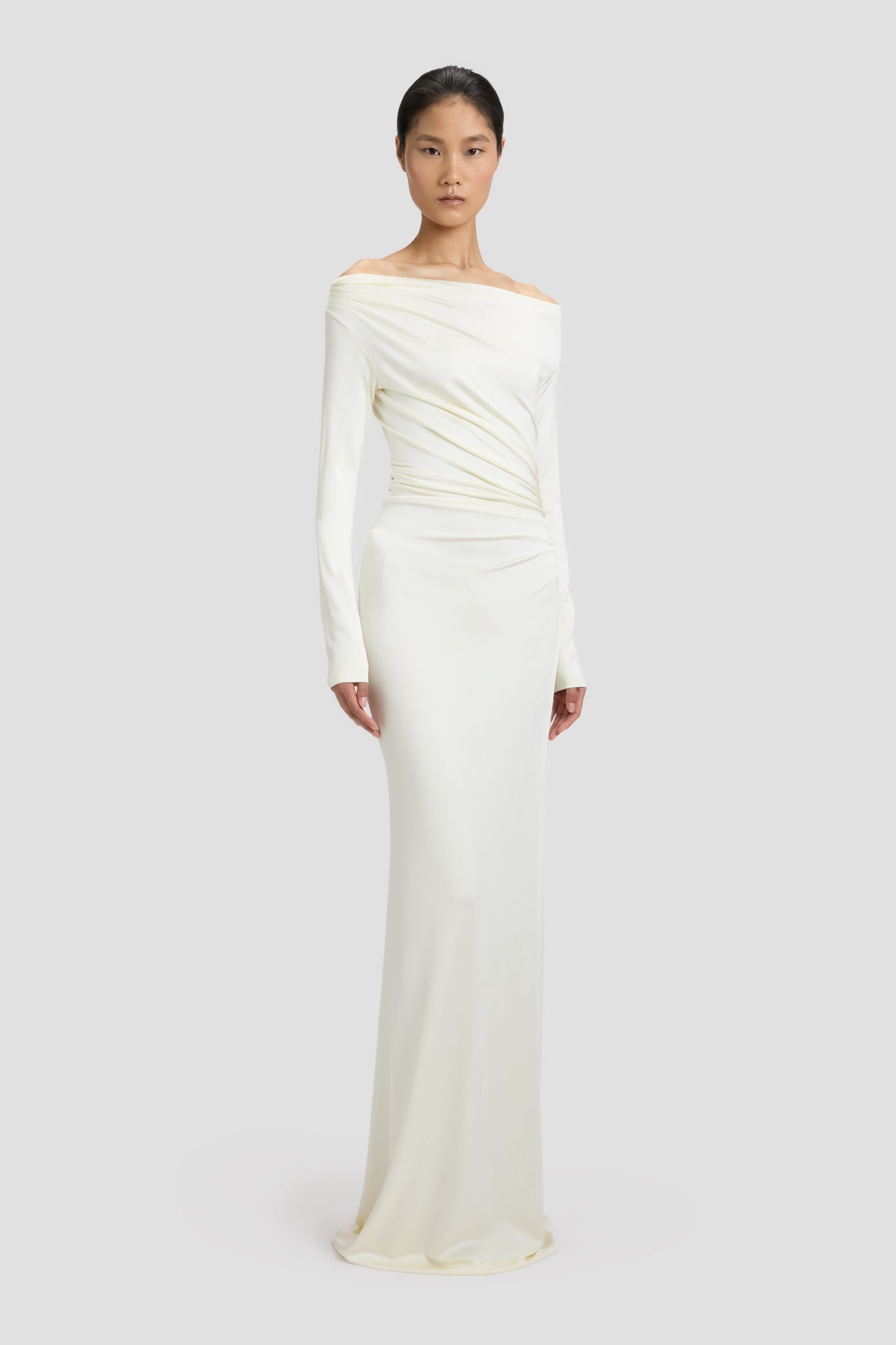 Off-Shoulder Draped Gown In Ivory - 3