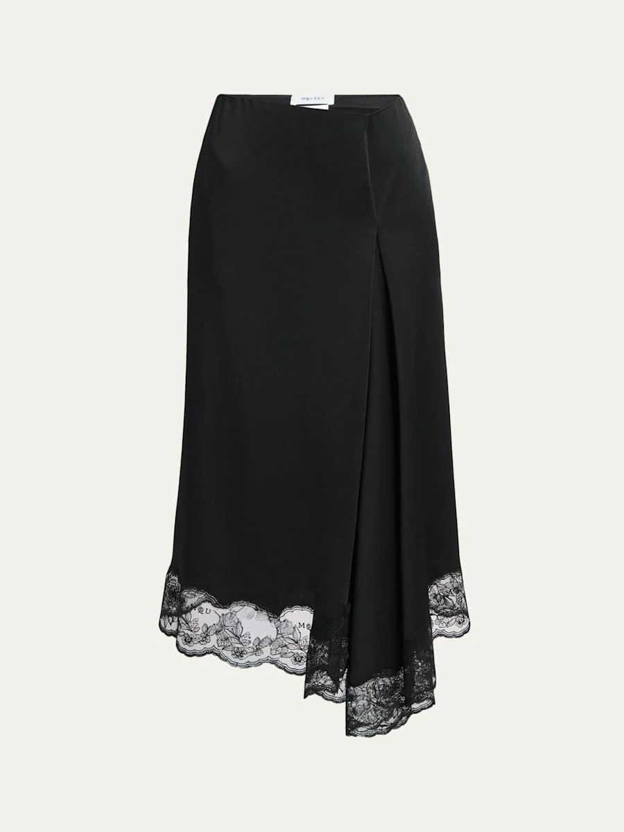 Asymmetric Lace-Trim Satin Midi Skirt - 1