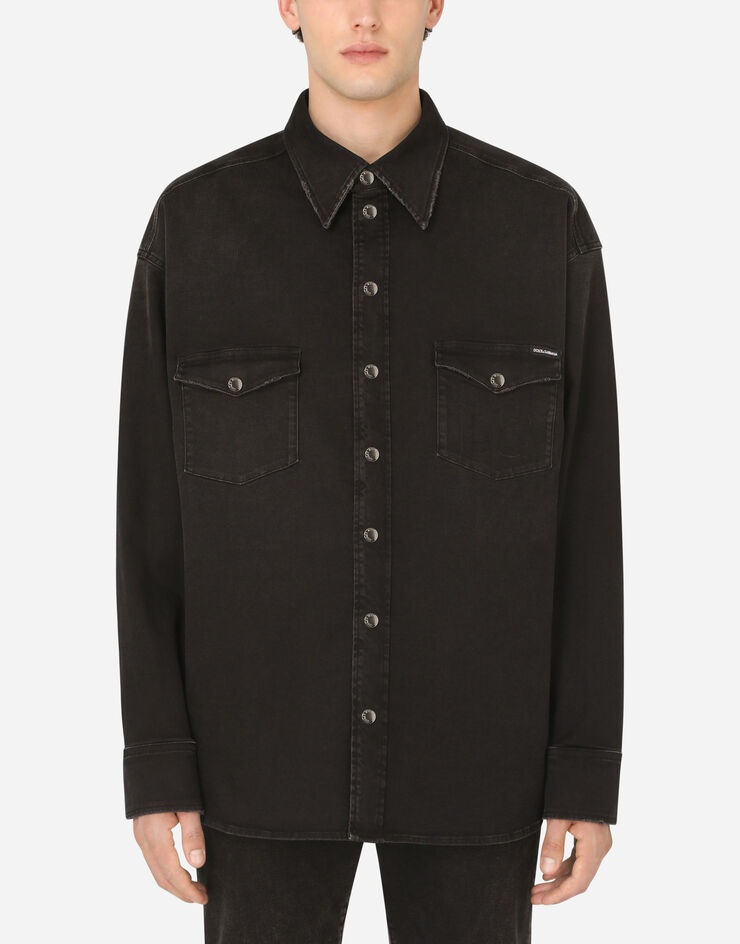 Washed black stretch denim shirt with DG logo - 1