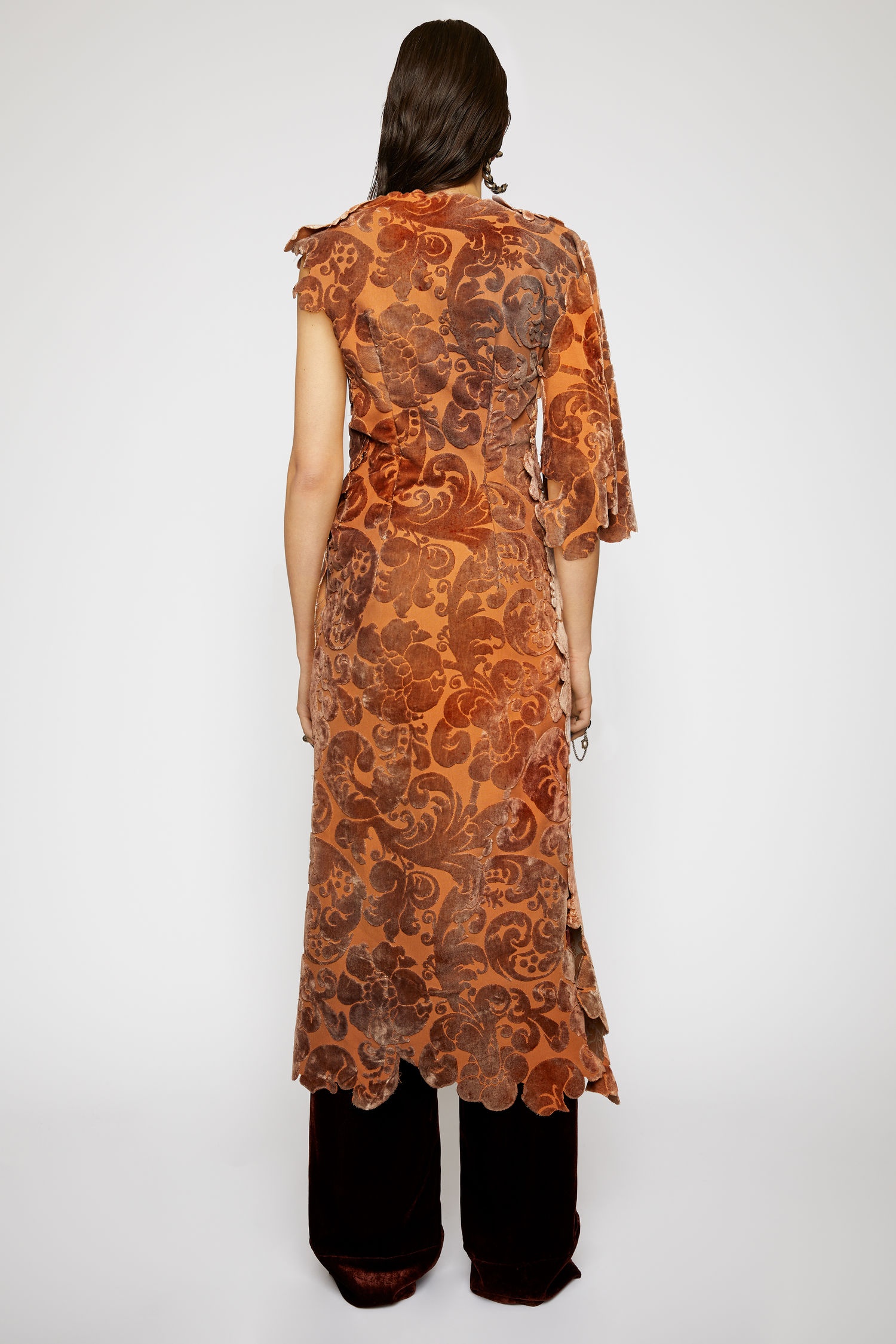 Floral-jacquard velvet dress peach orange - 3