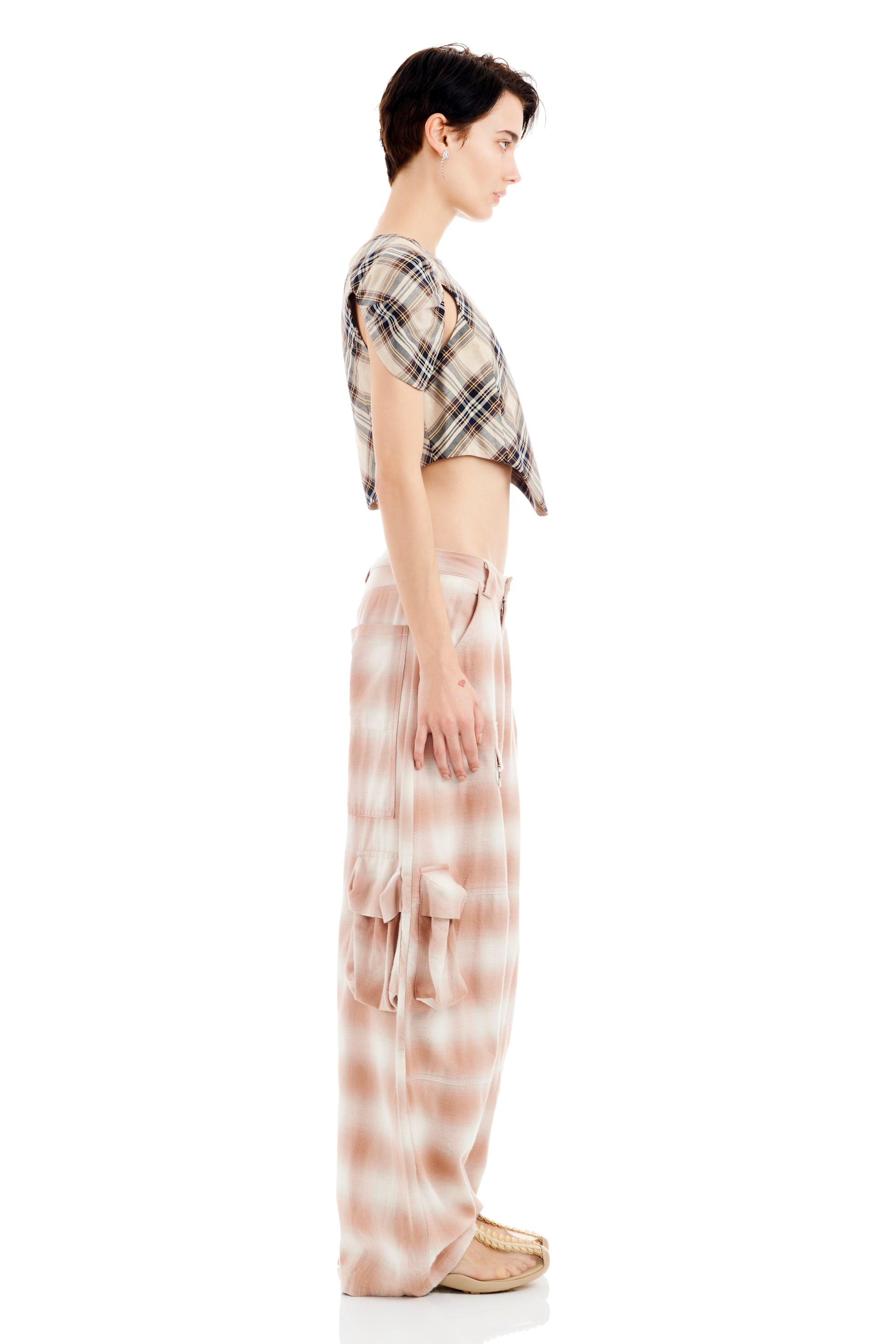 PEACH PLAID LAWN CARGO PANT - 5