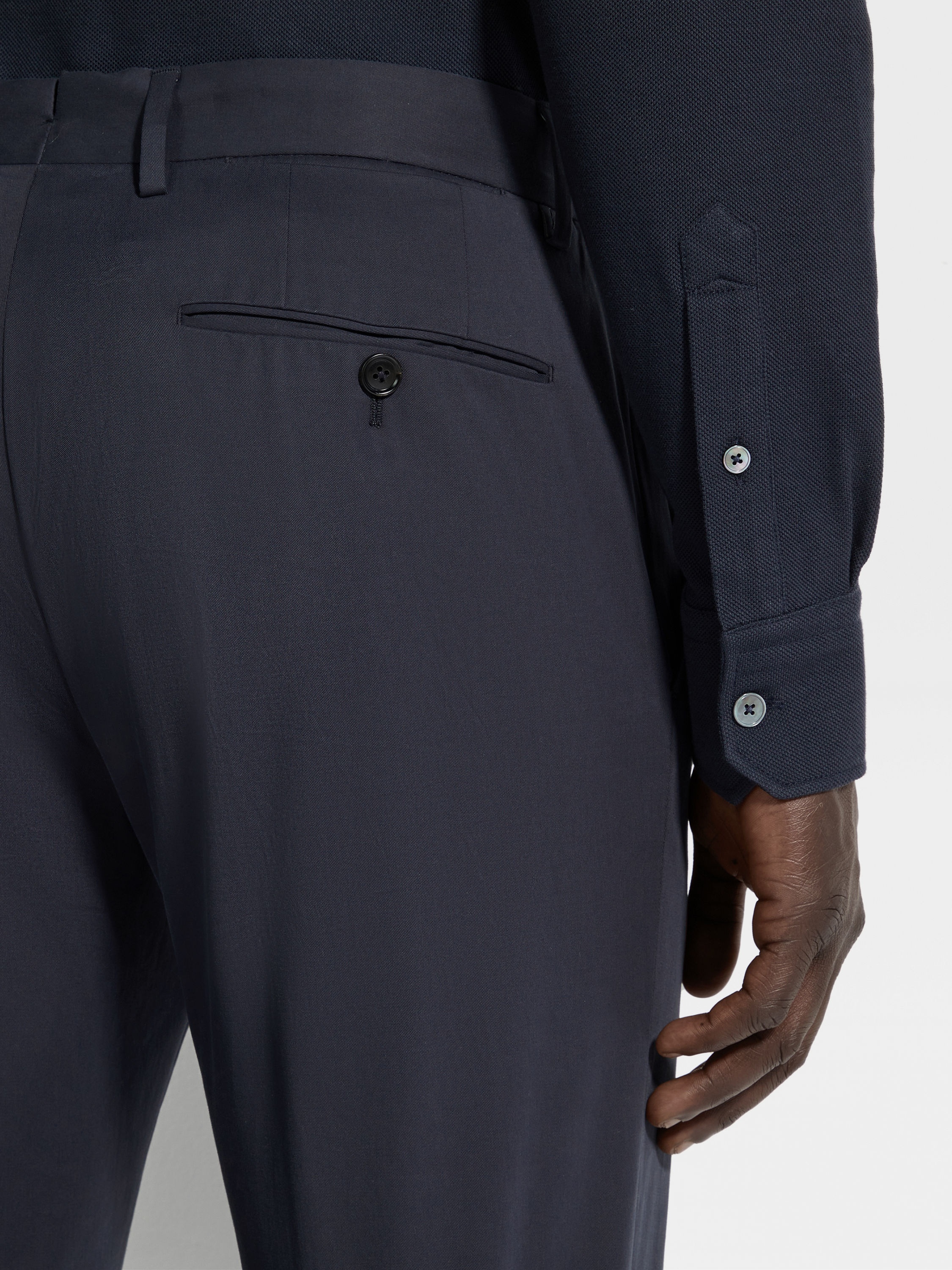 NAVY BLUE STRETCH COTTON PANTS - 2
