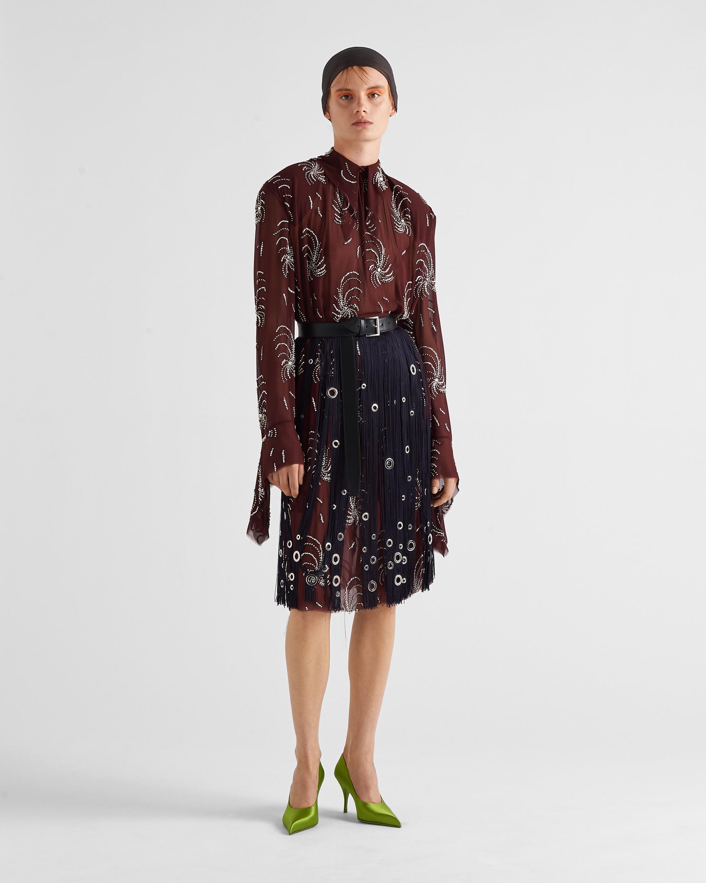 【プラダ・PRADA】Silk ribbon skirt S/S 2000 Prada pleated silk chiffon skirt with grommets - XS