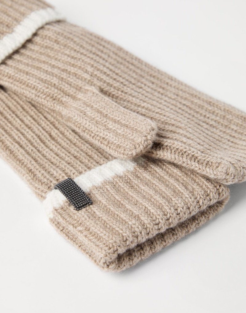 Brunello Cucinelli Cashmere English rib knit mittens with monili outlook