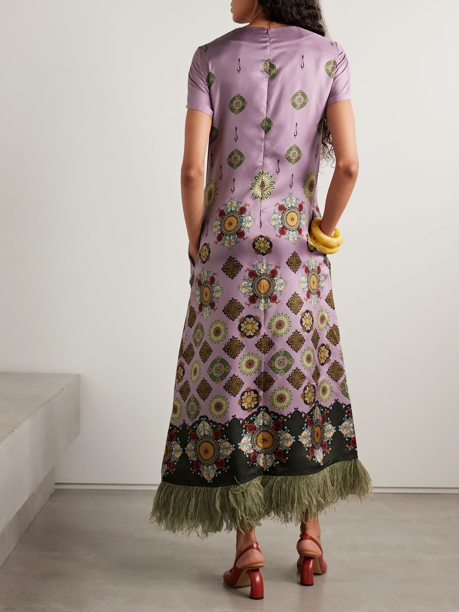 Swing feather-trimmed printed silk-twill maxi dress Purple - 3