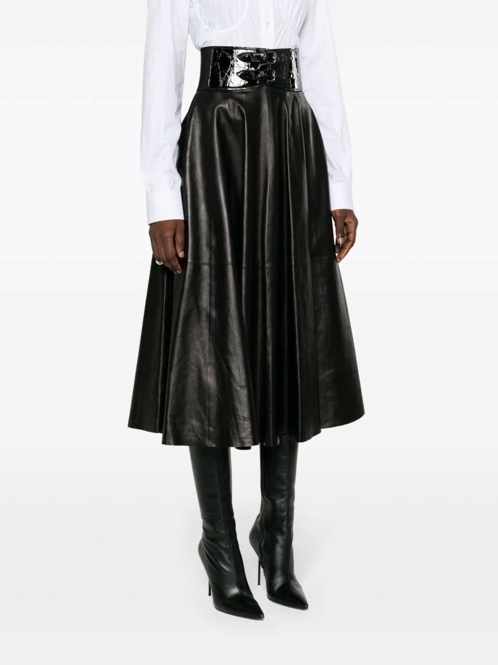 belted leather midi skirt - 3