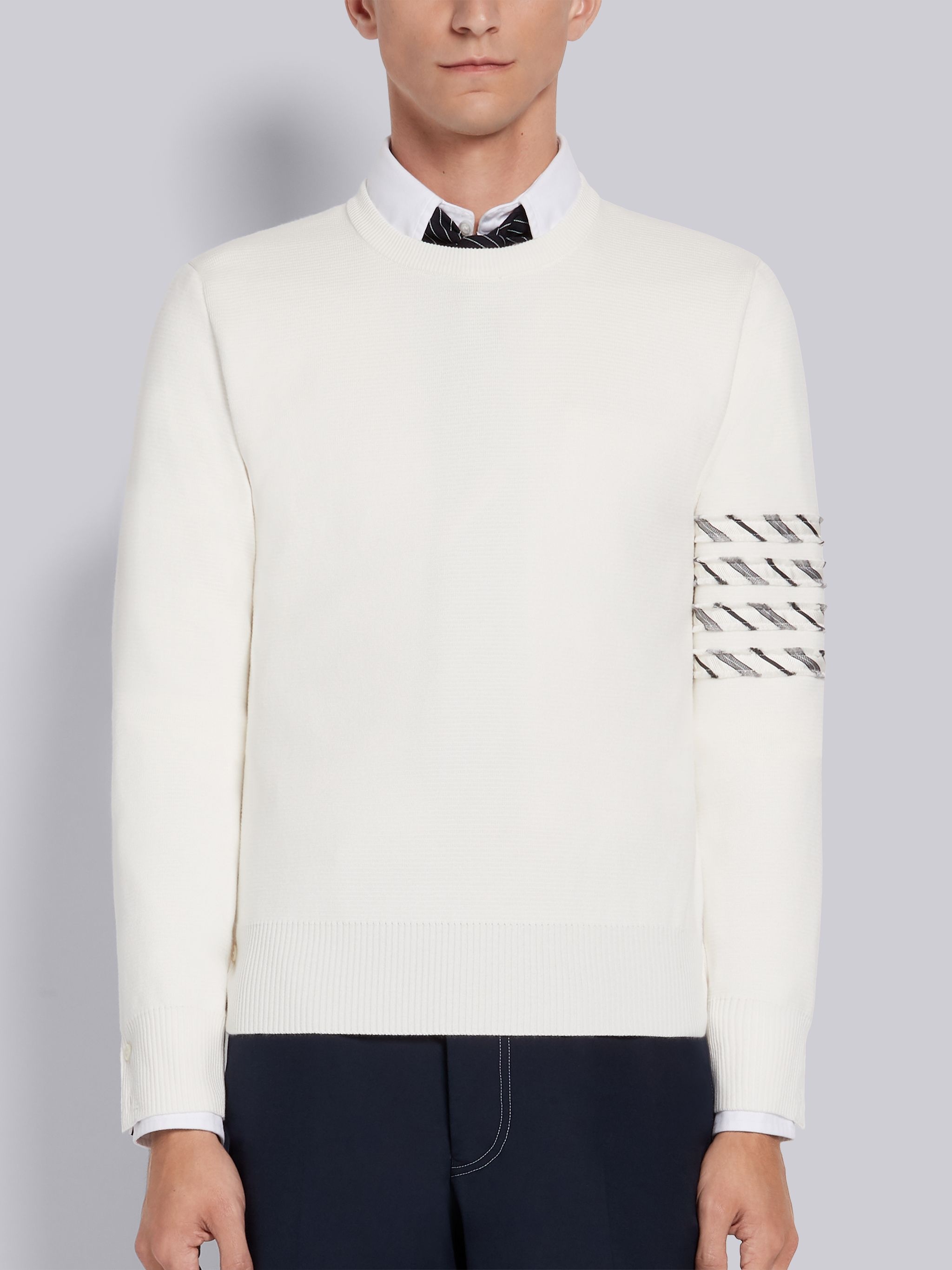 White Cotton Milano Stitch Silk 4-Bar Crewneck Pullover - 1