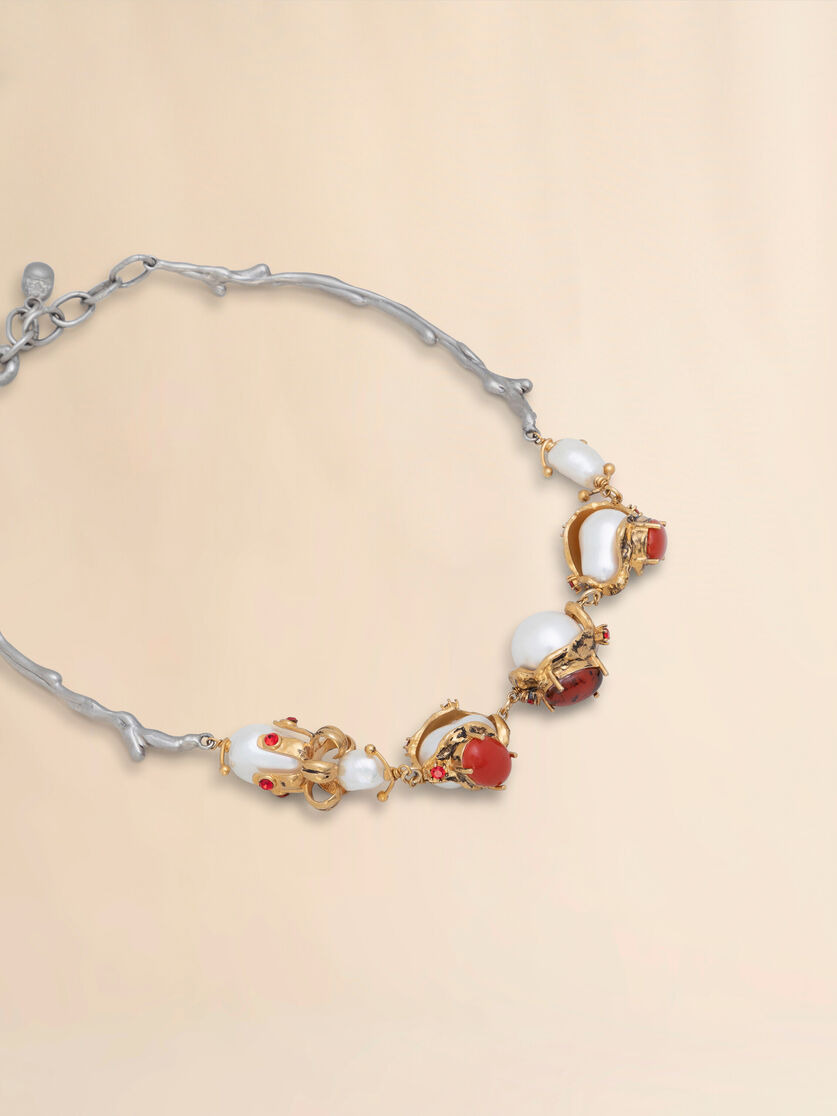 GOLD AND PALLADIUM BRANCH NECKLACE WITH ENCASED PEARL CHARMS - 3