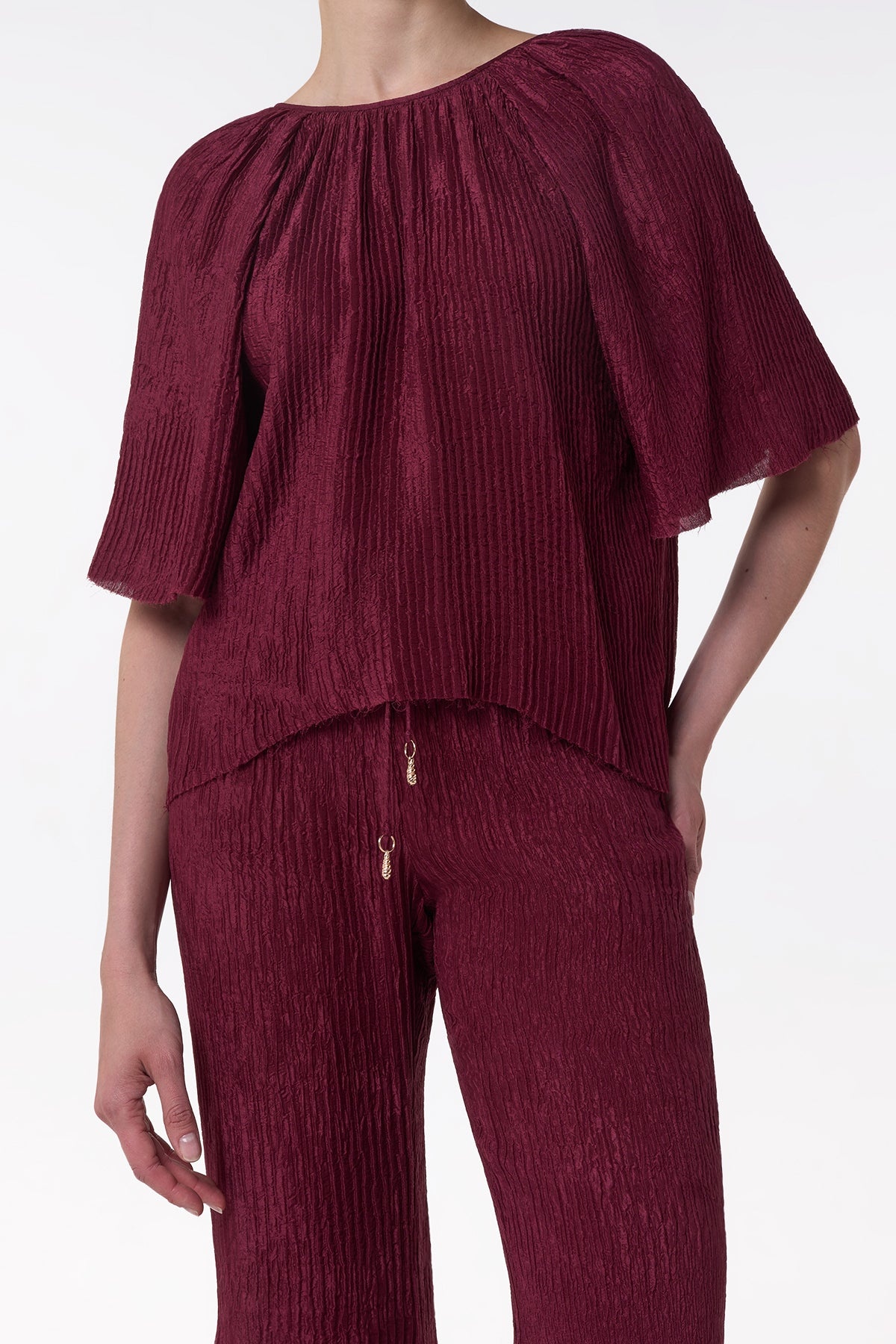 Claude Flare Pant in Bordeaux Plisse Silk - 5