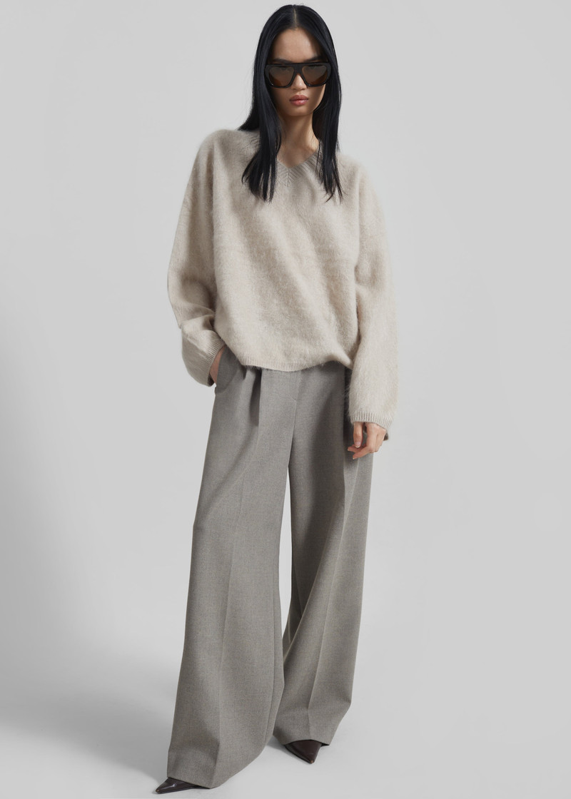 Haflso Pleated Wide Trousers - Beige Melange 4