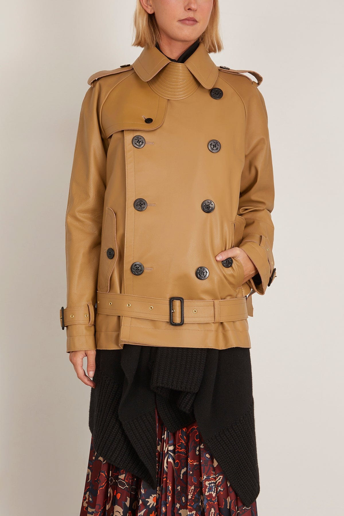 Leather Wool Knit Jacket in Beige/Black - 3
