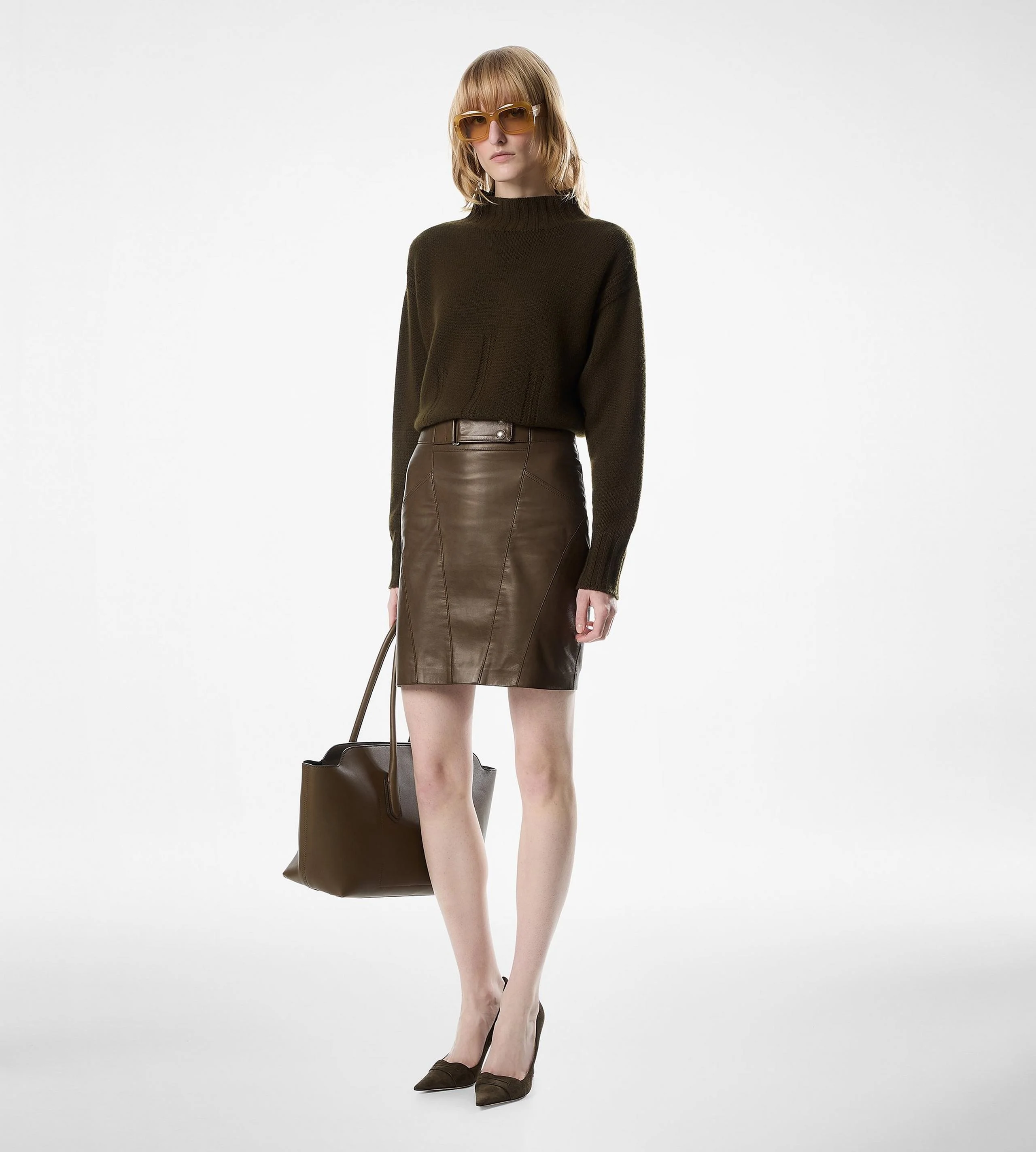 KNEE-LENGTH DIAGONAL ZIP LEATHER SKIRT - 1