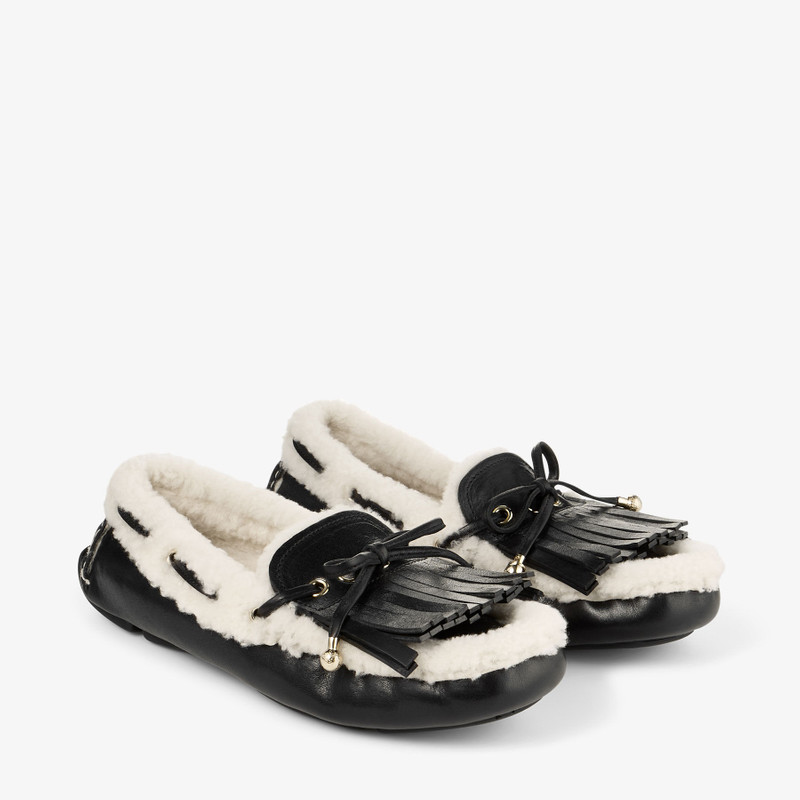 Manon F Black Tumbled Leather Loafers with Shearling 2