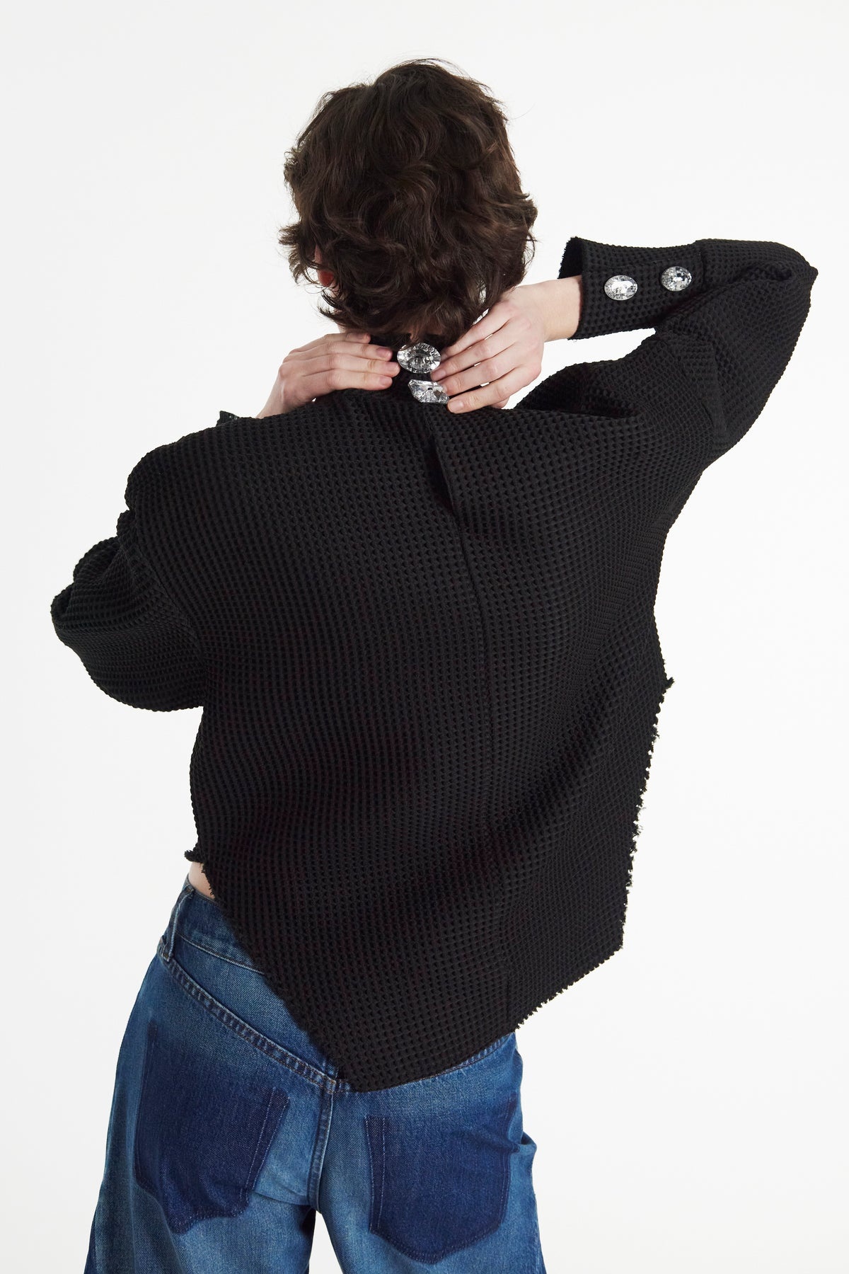 WAFFLE TEXTURE TOP WITH 3D FLOWERS BLACK - 8