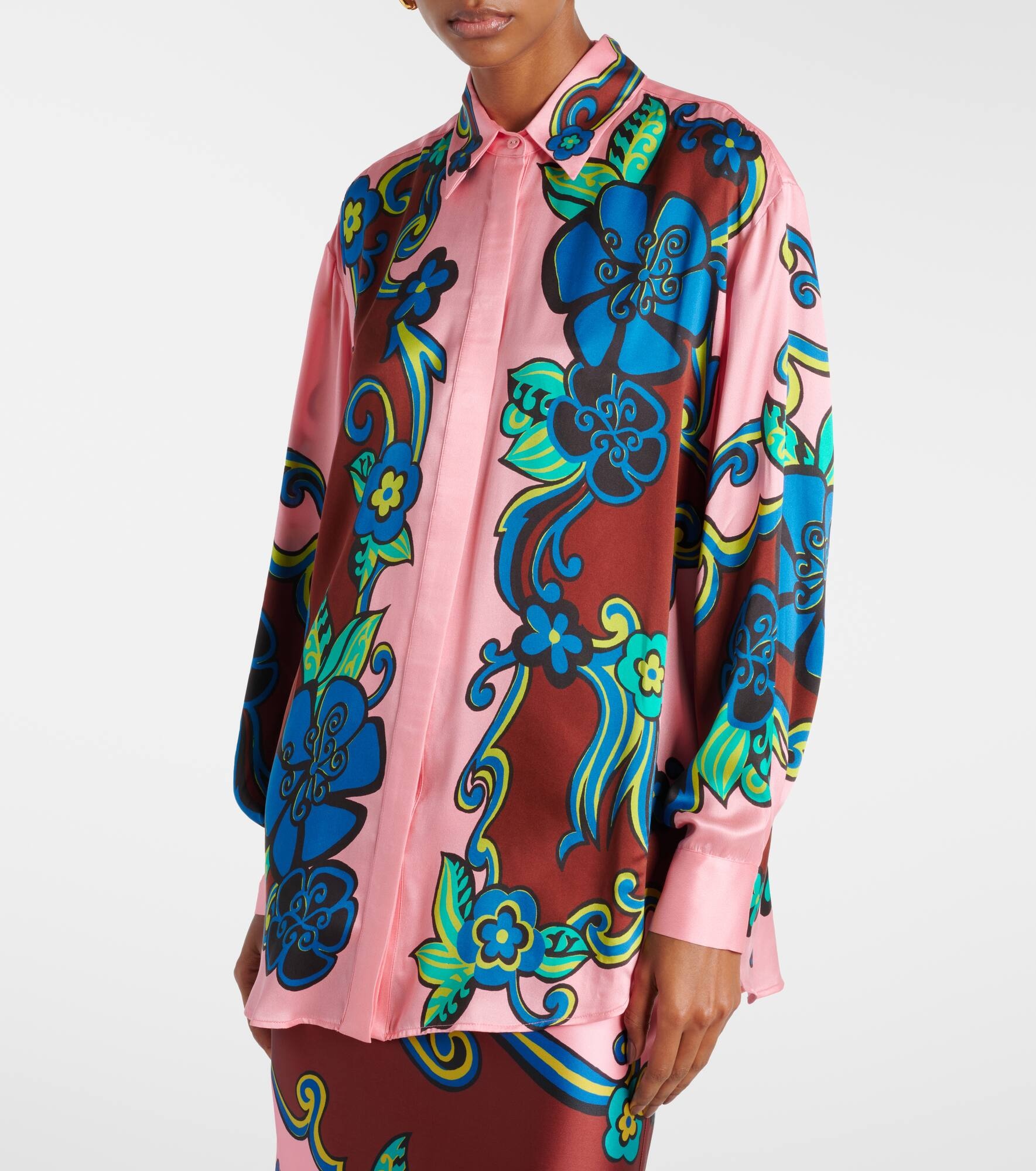 Floral puff-sleeve silk satin shirt - 6