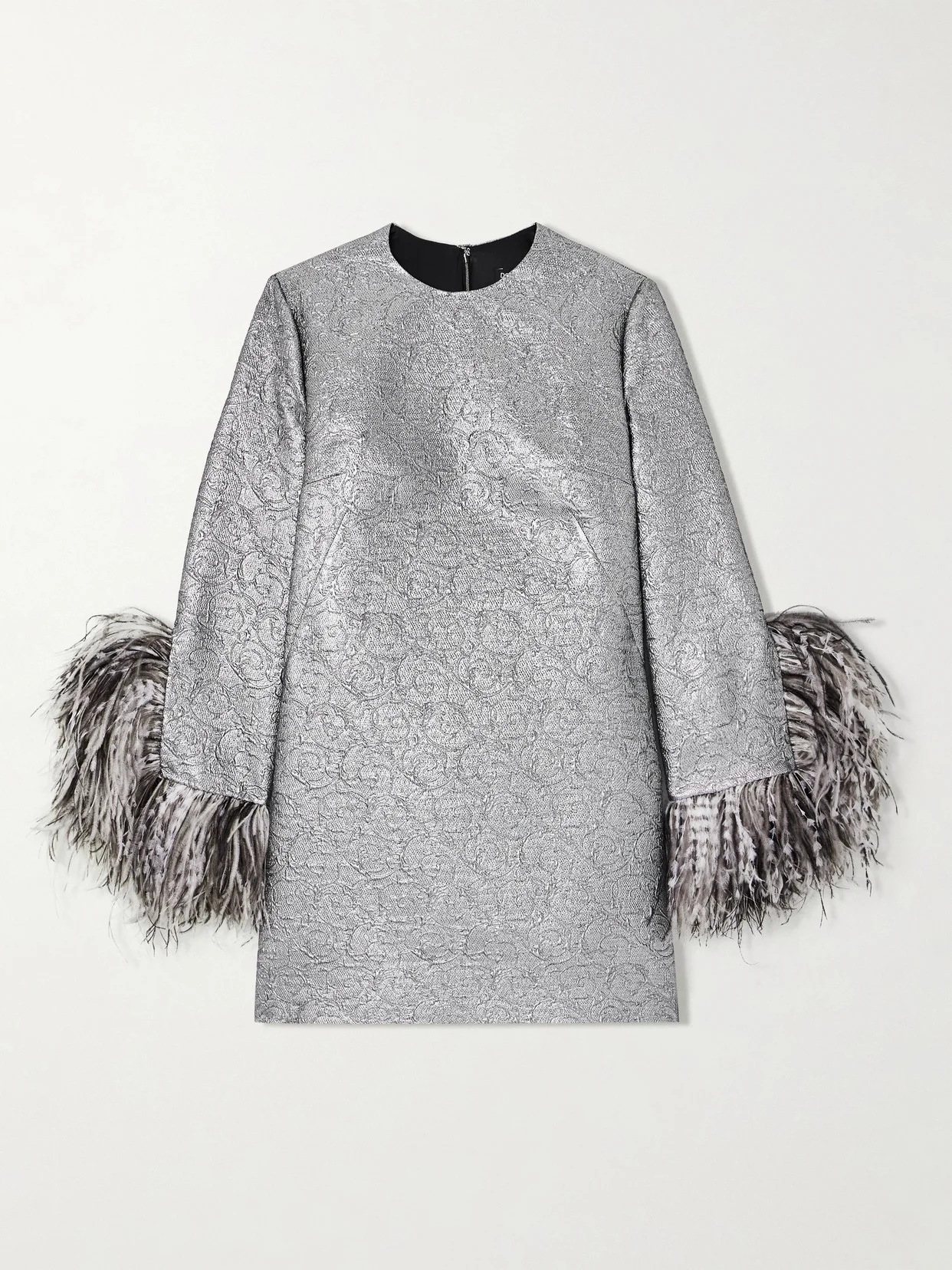 Feather-trimmed Metallic Jacquard Mini Dress - 1