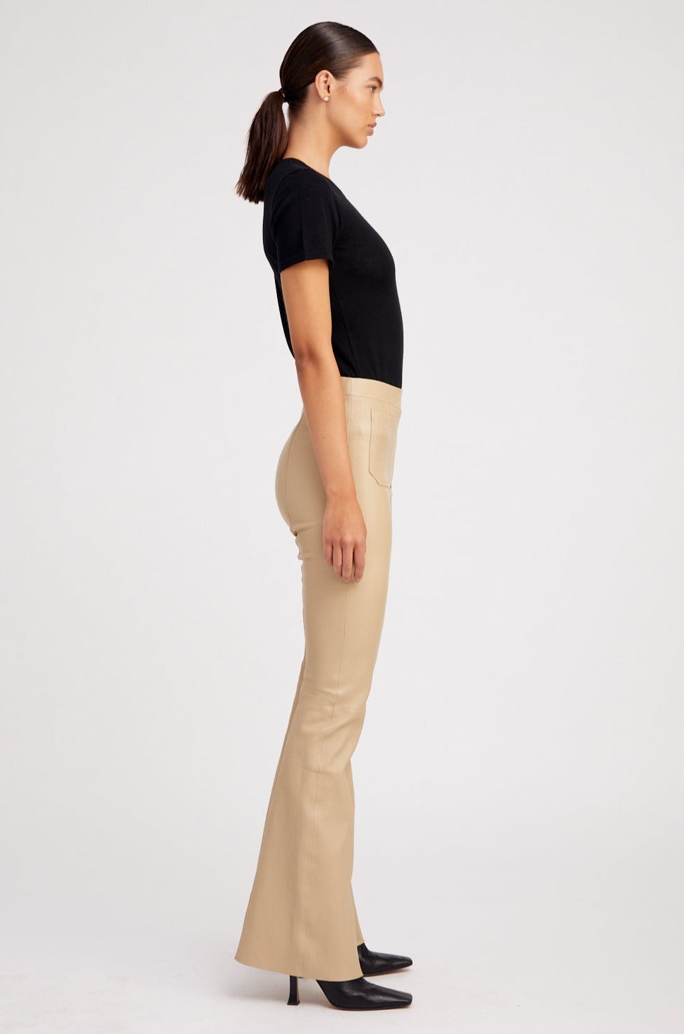 TRAVERTINE LEATHER PATCH POCKET SUPER FLARE PANTS - 4