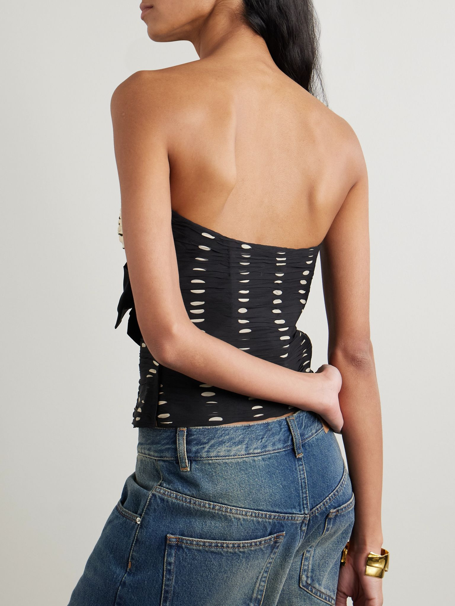 Satin bow-detailed ruched silk-chiffon strapless top Black - 3