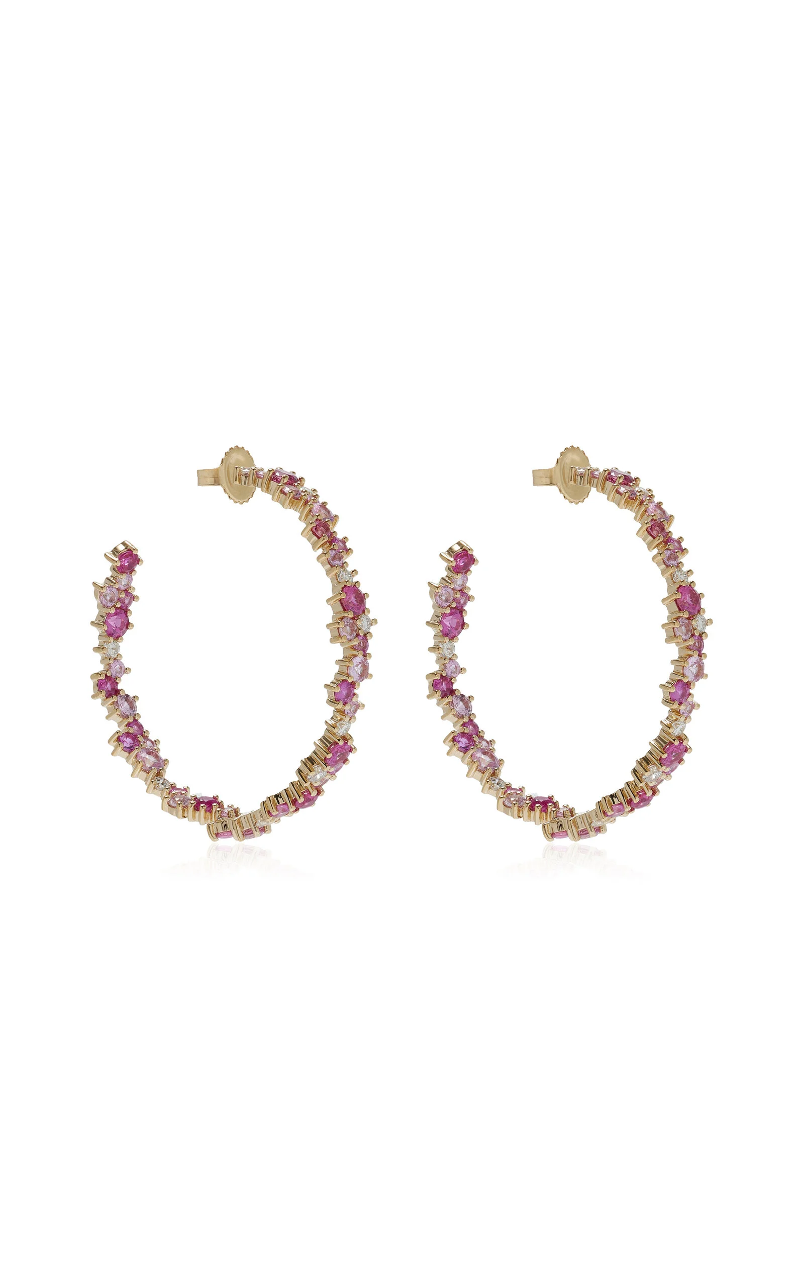 Large Cocktail 14K Gold Diamond and Sapphire Hoop Earrings pink - 1