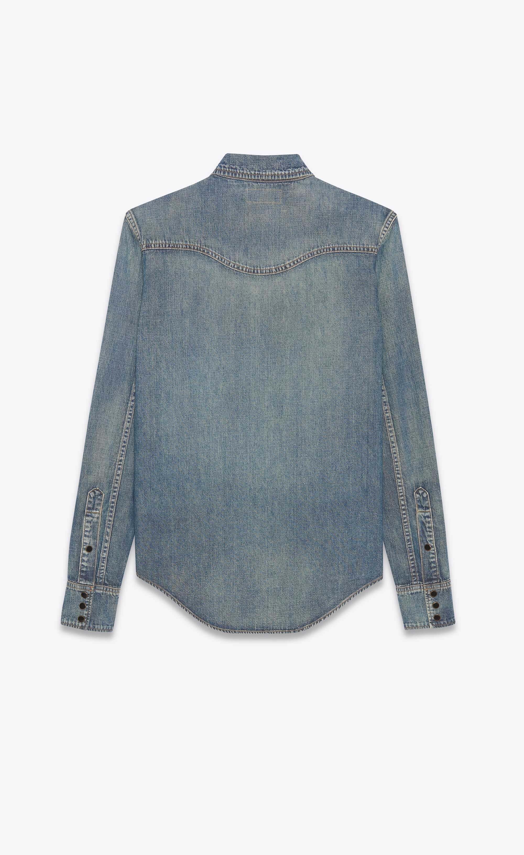 pleated western shirt in dirty medium vintage blue denim - 2