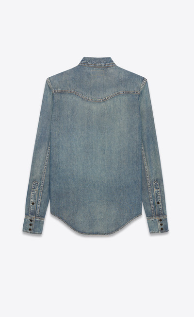 SAINT LAURENT pleated western shirt in dirty medium vintage blue denim outlook