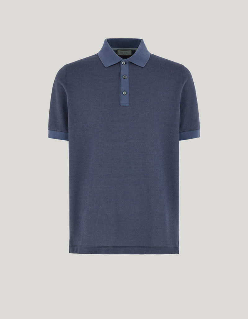 SHORT SLEEVE BUTTONED POLO SHIRT IN SILK BLEND PLAIN PIQUE. AIR FORCE BLUE 1