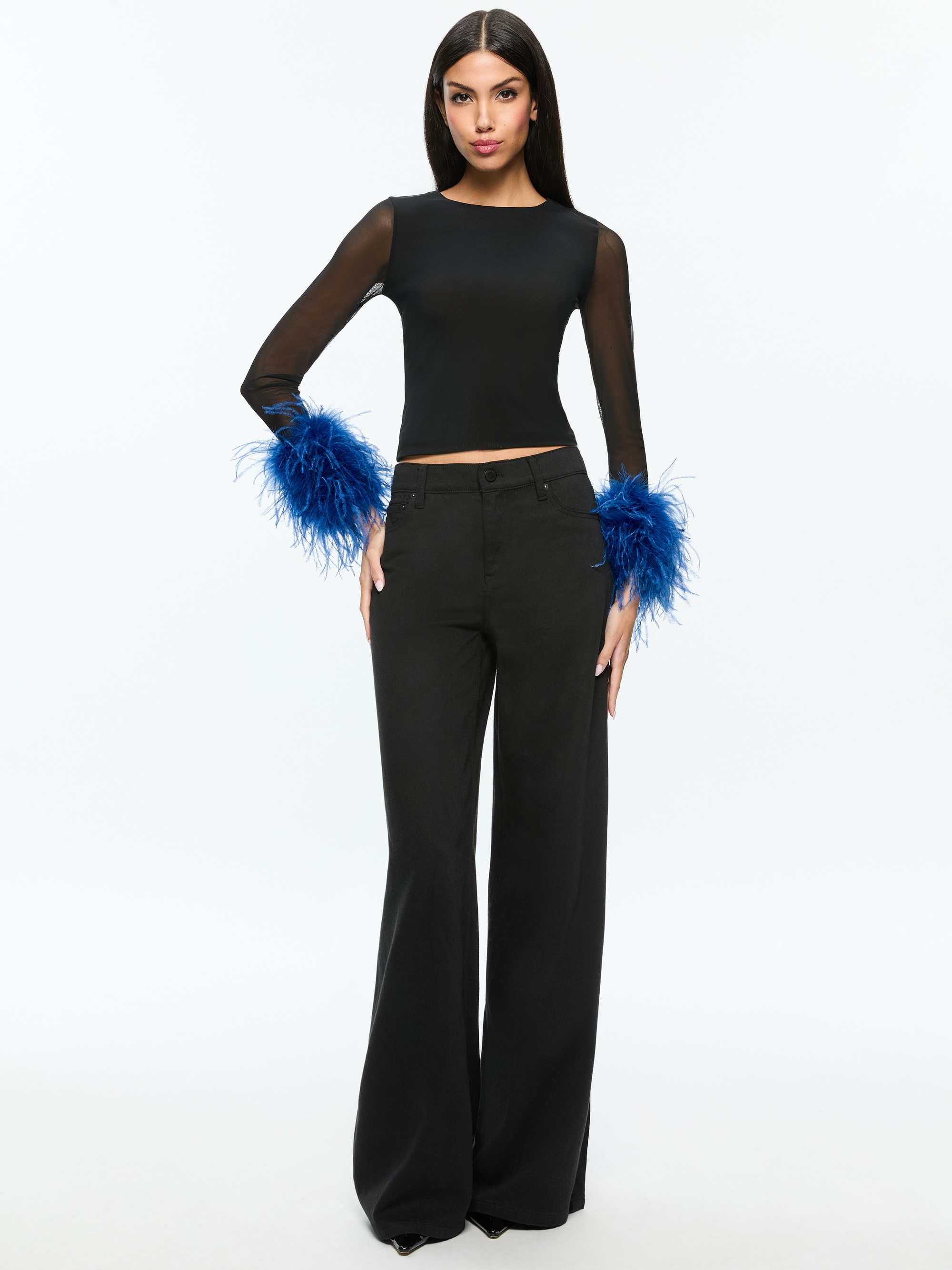 DELAINA MESH FEATHER CUFFED LONG SLEEVE TOP - 3