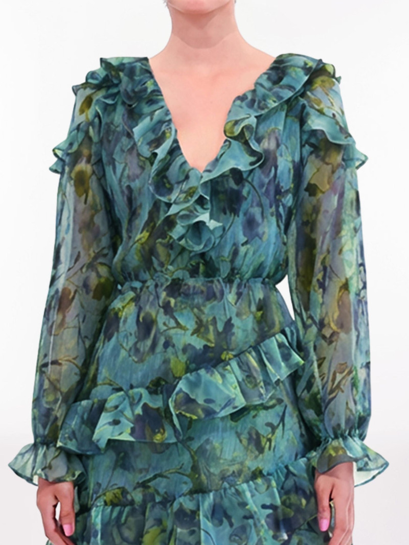 Marchesa PLEATED LONG SLEEVE CHIFFON MINI DRESS outlook