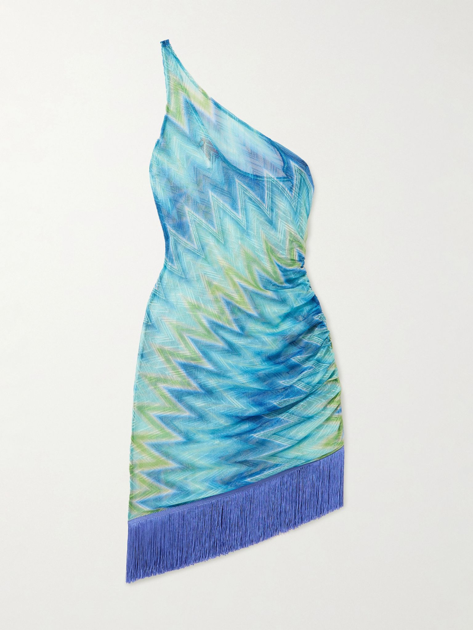 One-shoulder fringed printed tulle mini dress Turquoise - 1