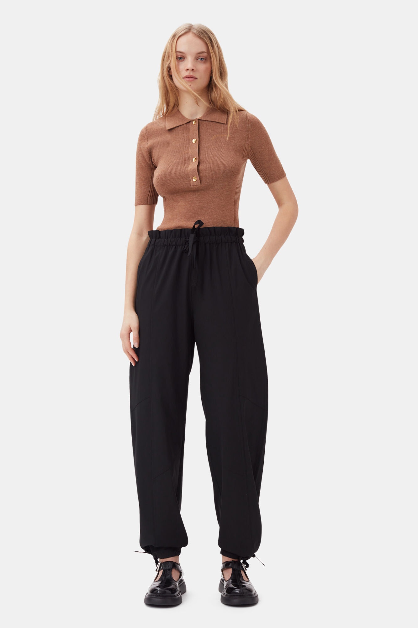 BLACK DRAPEY MELANGE ELASTICATED WAIST PANTS - 2