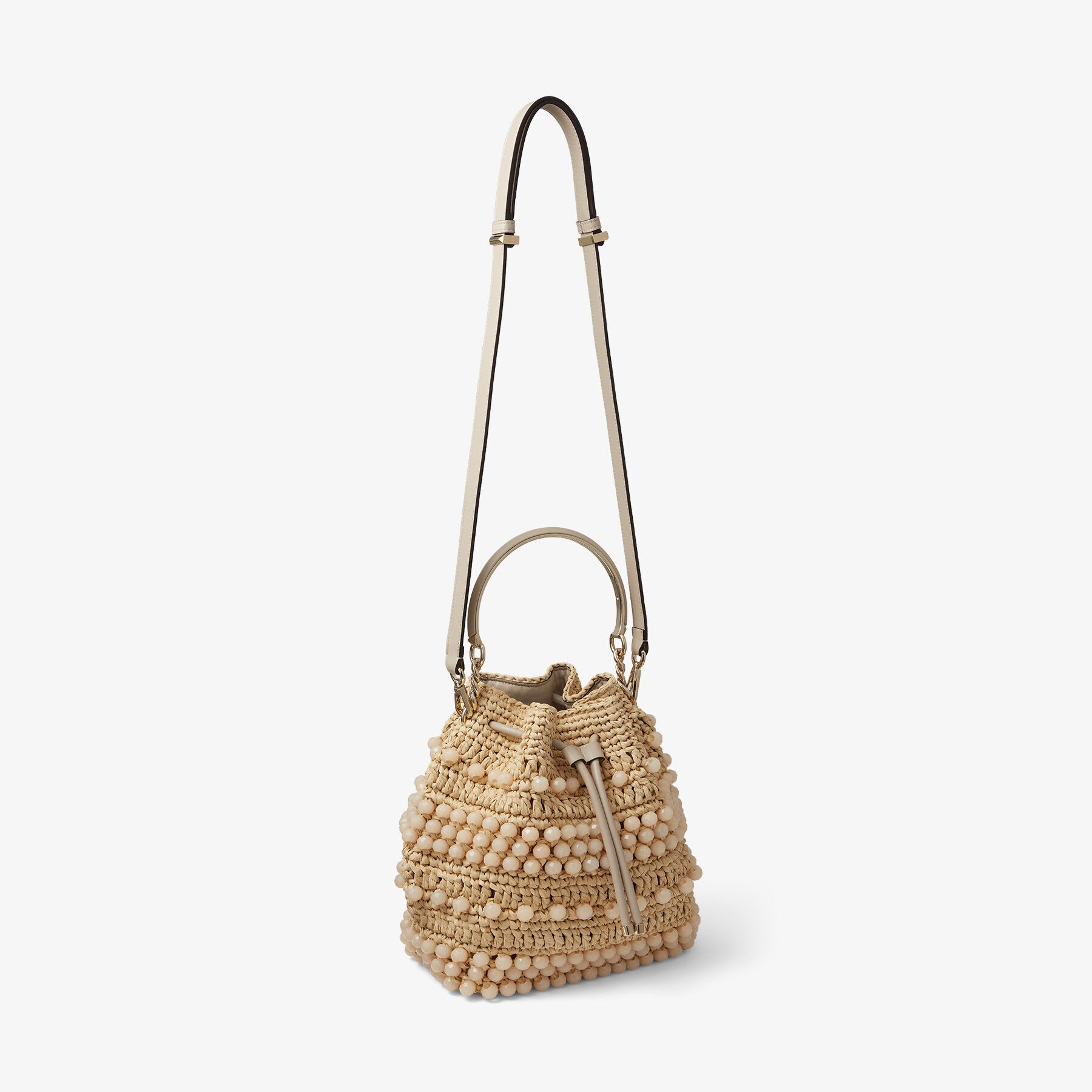 Bon Bon Bucket
Natural Beaded Raffia and Smooth Leather Bucket Bag - 6