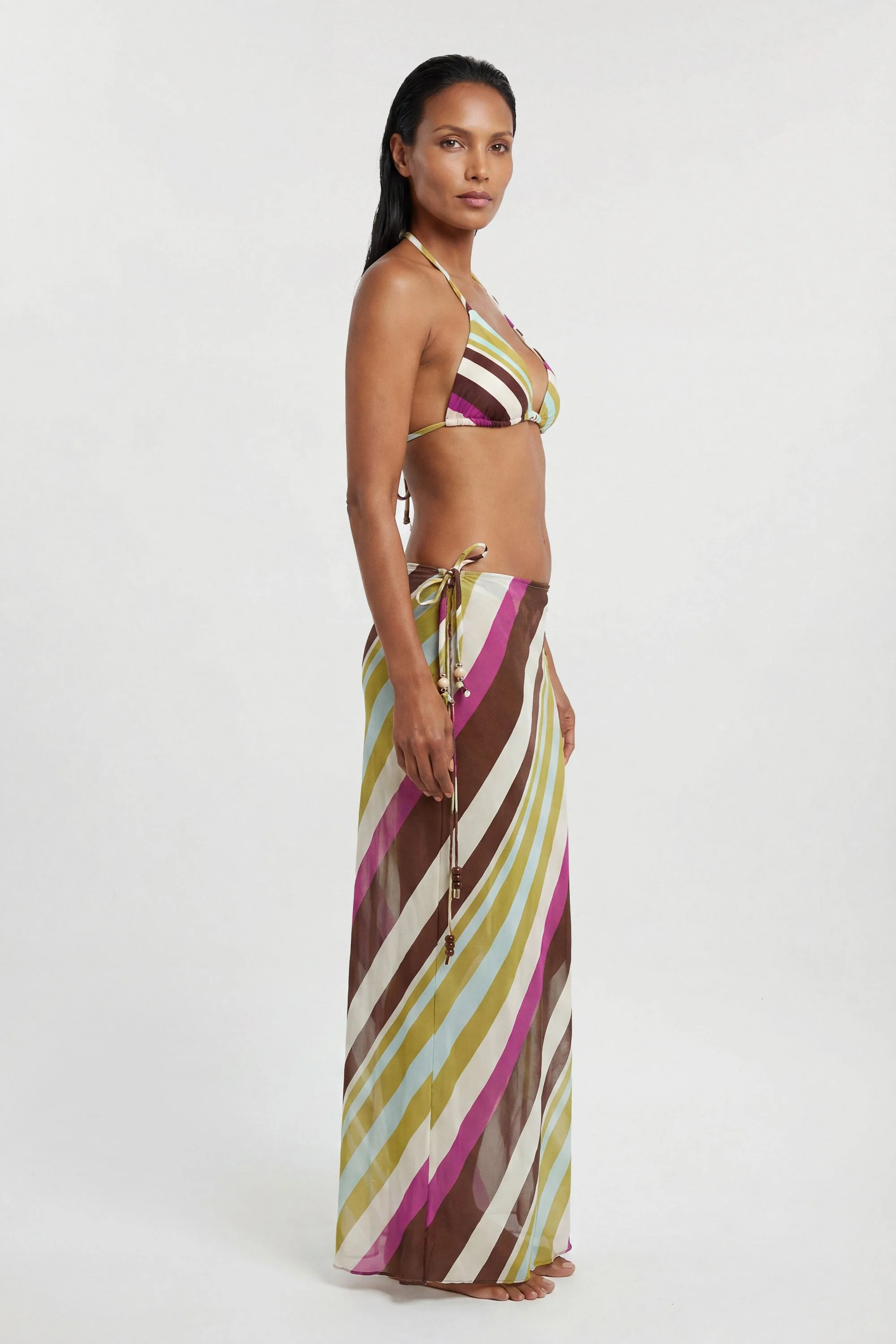 Beach Viscose Georgette Stripe Cover Up Tie Waist Skirt - 1