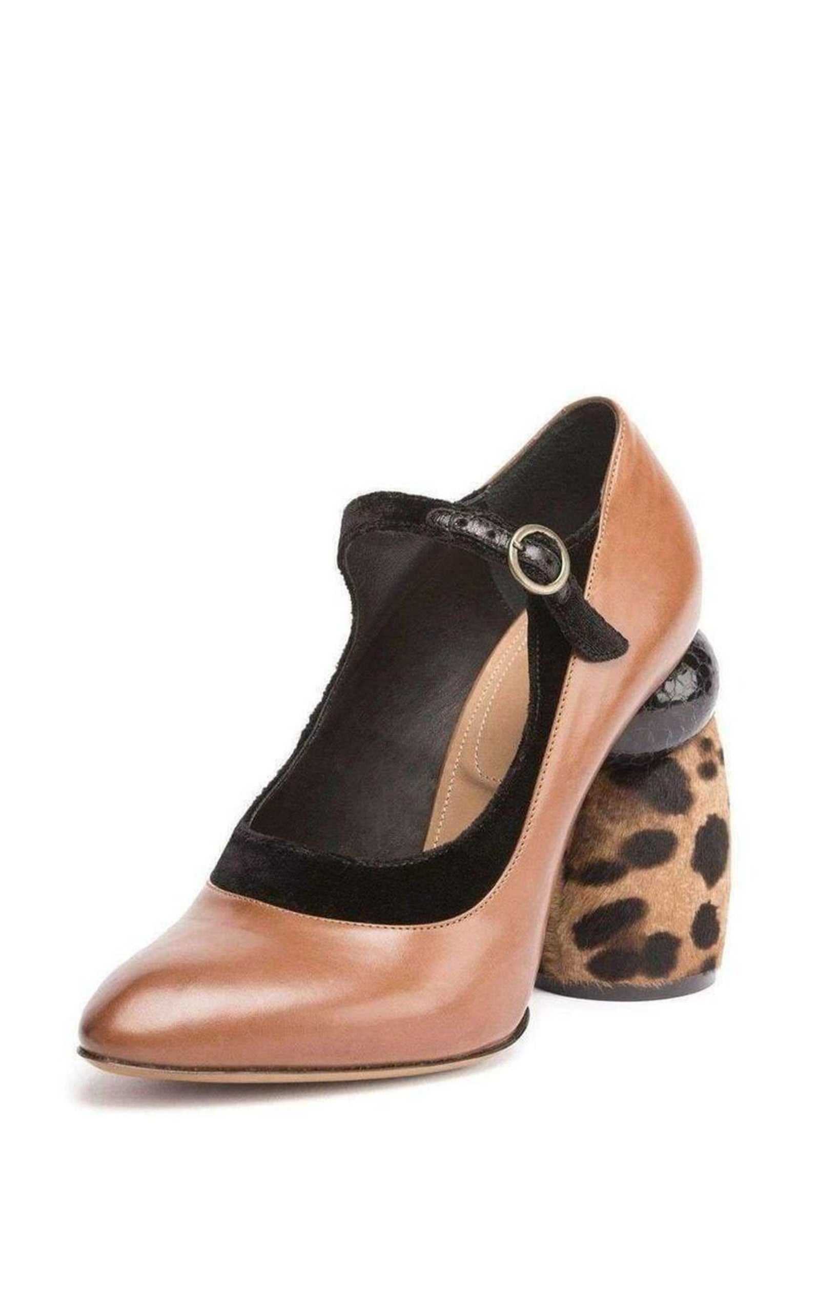 Camel Leopard Leather Mary Jane Shoes - 3