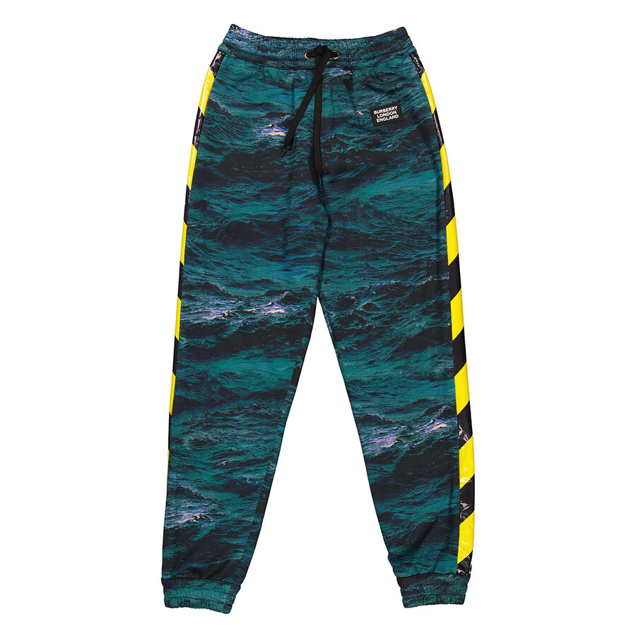 Burberry Men's Deep Teal Tape Detail Sea Print Cotton Trackpants - 4