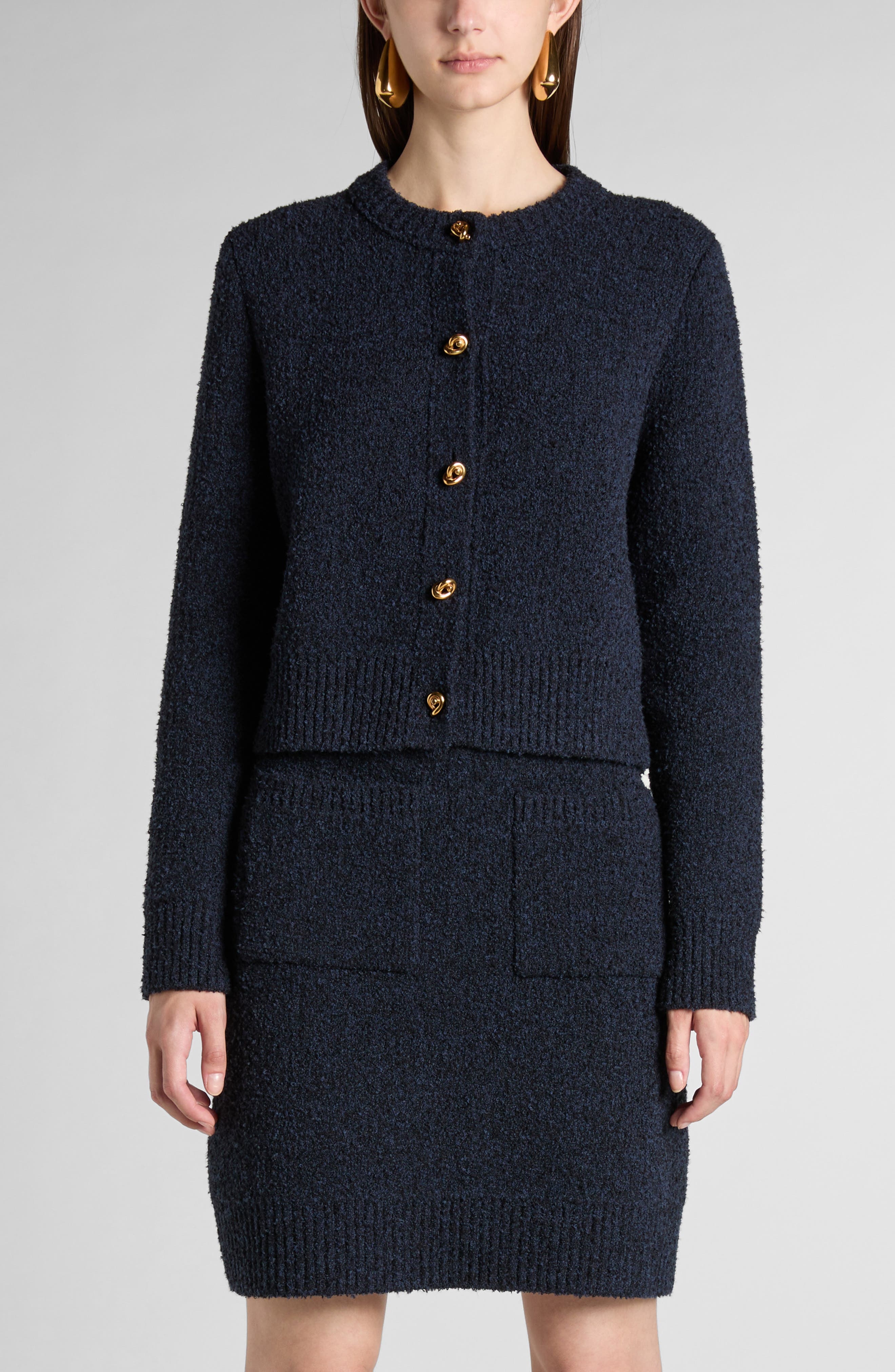 Bottega Veneta Knot Button Bouclé Cardigan in 4121 Navy at Nordstrom - 1