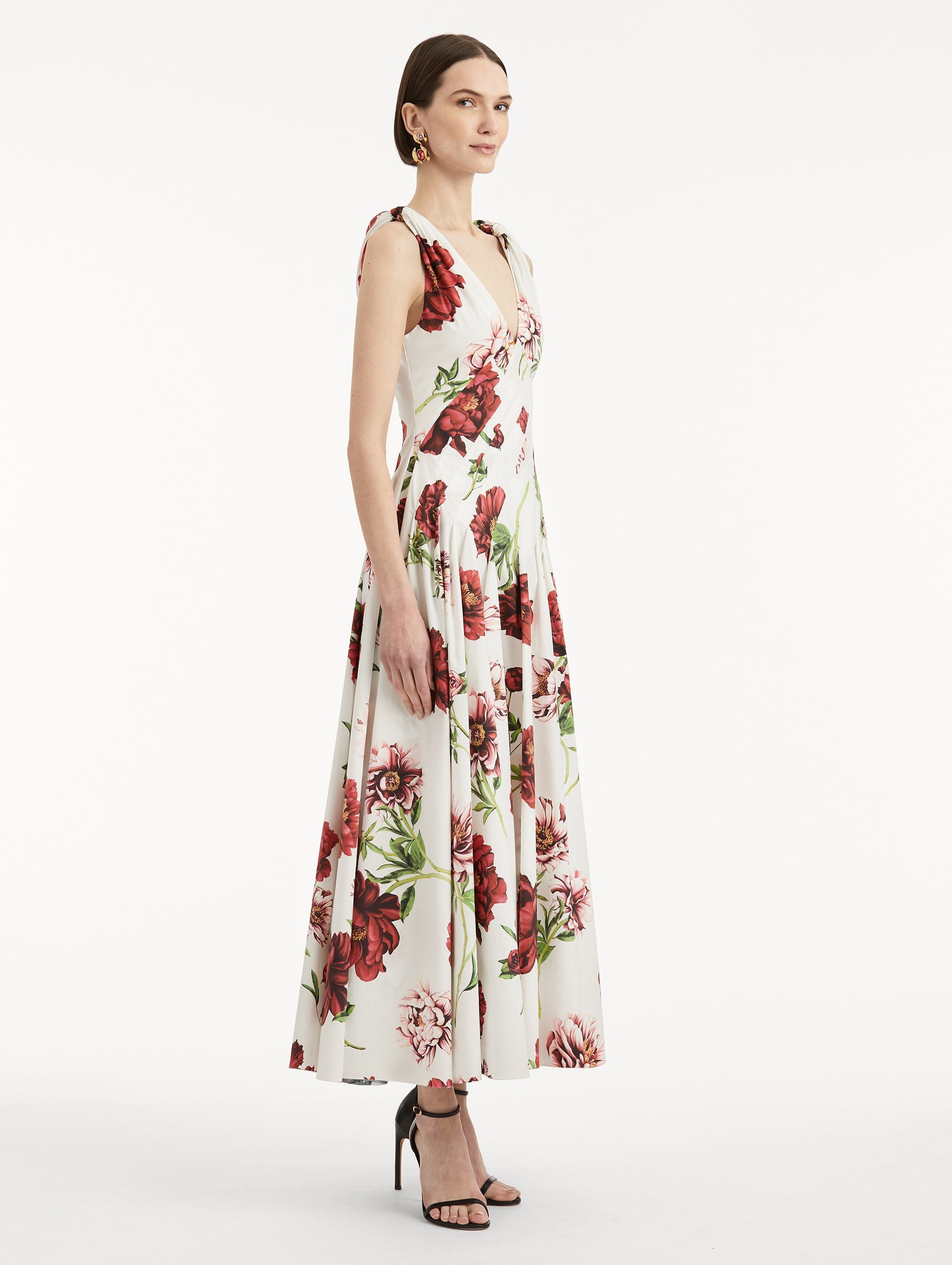 PEONY COTTON POPLIN V-NECK DRESS - 4