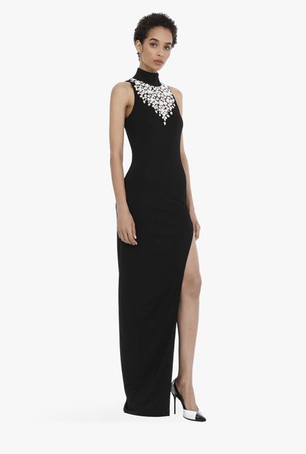 Long black viscose dress with silver embroidery - 2