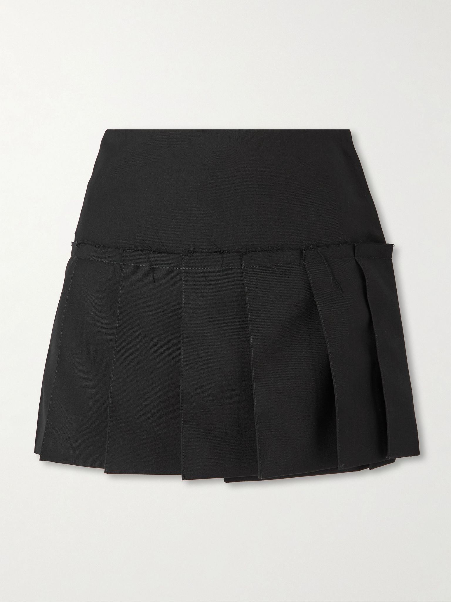 Frayed pleated wool-twill mini wrap skirt Black - 1