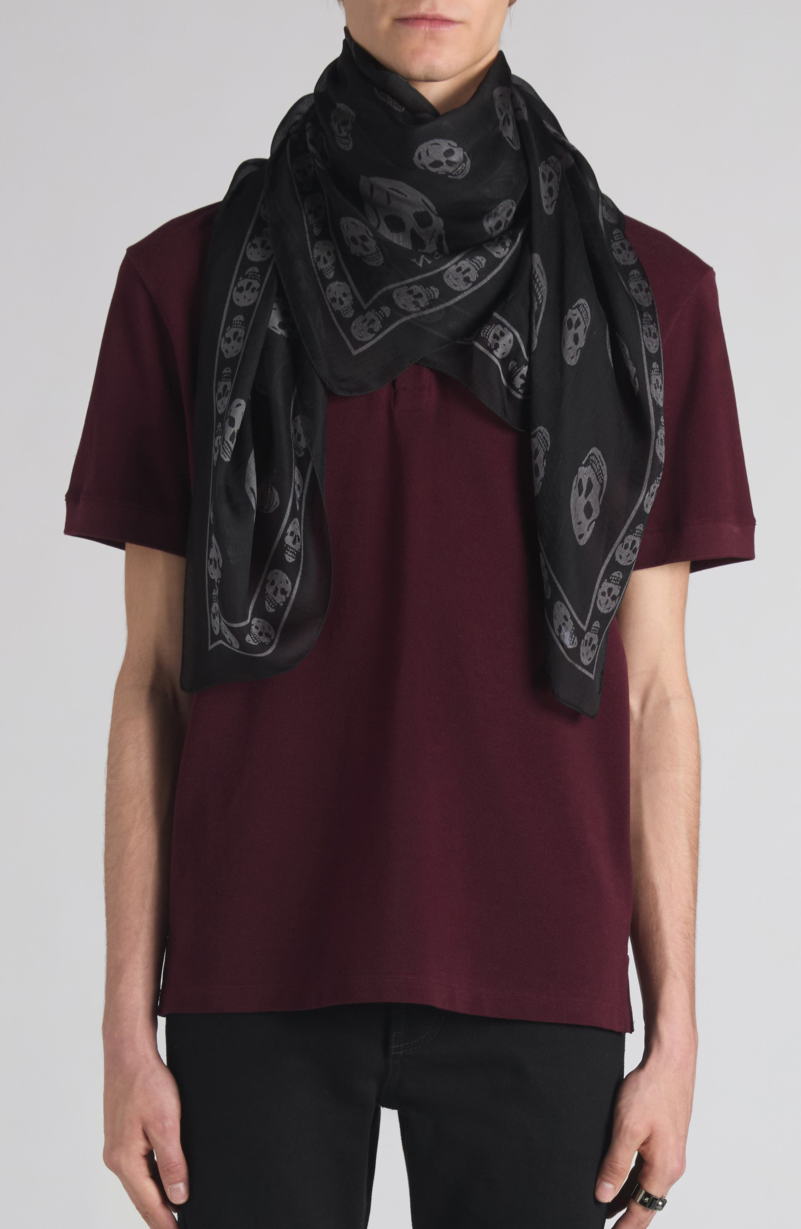 McQueen Skull Print Silk Scarf in Black/Dark Grey at Nordstrom - 2