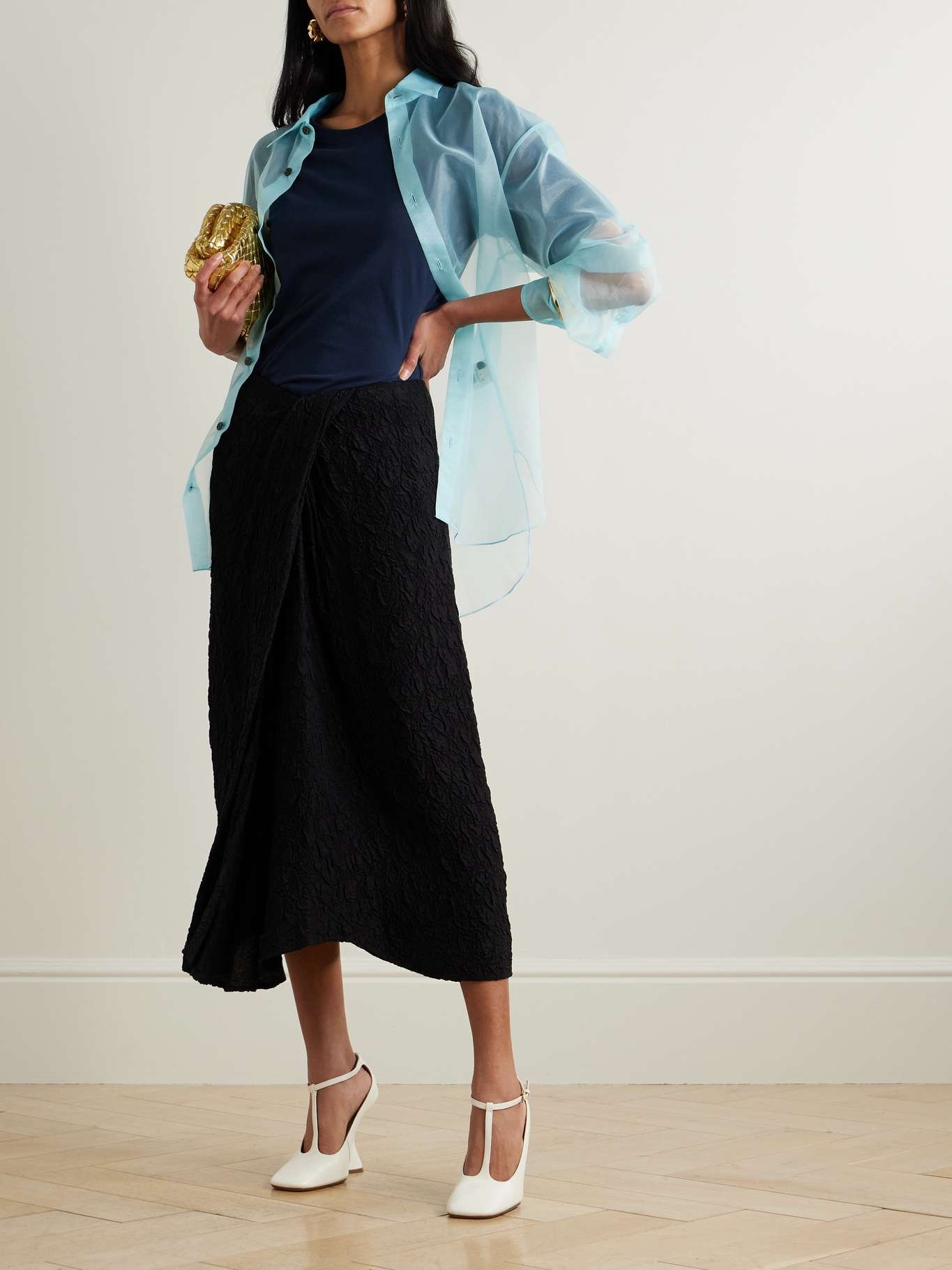Draped wrap-effect cloqué midi skirt Black - 2