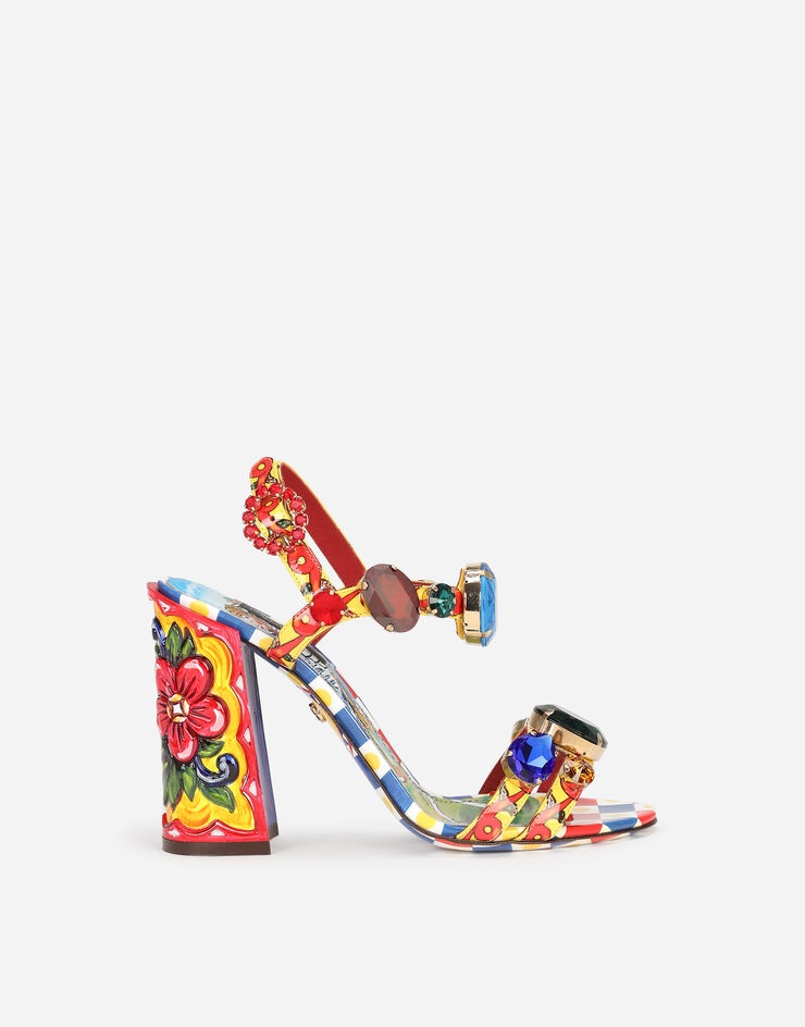 Carretto-print patent leather sandals with bejeweled appliqué - 1