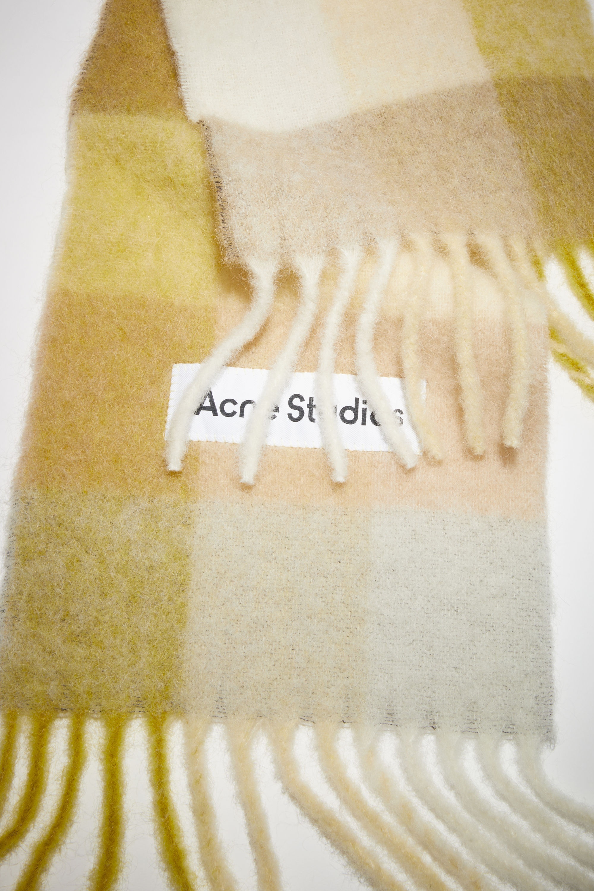 Checked wool fringe scarf - Pastel yellow/cream beige - 4