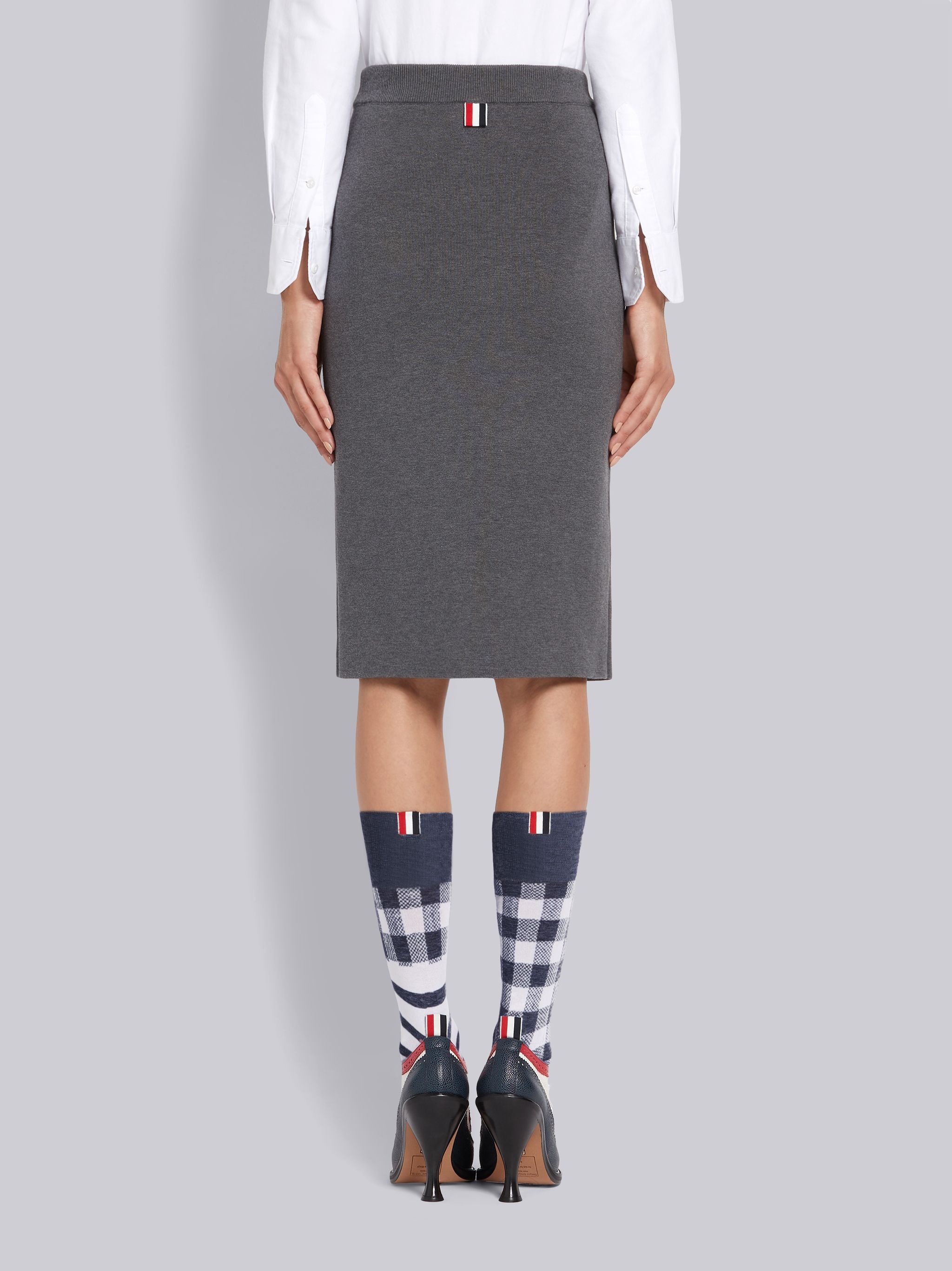 Medium Grey Double Face Cotton Striped Bow Pocket Pencil Skirt - 3